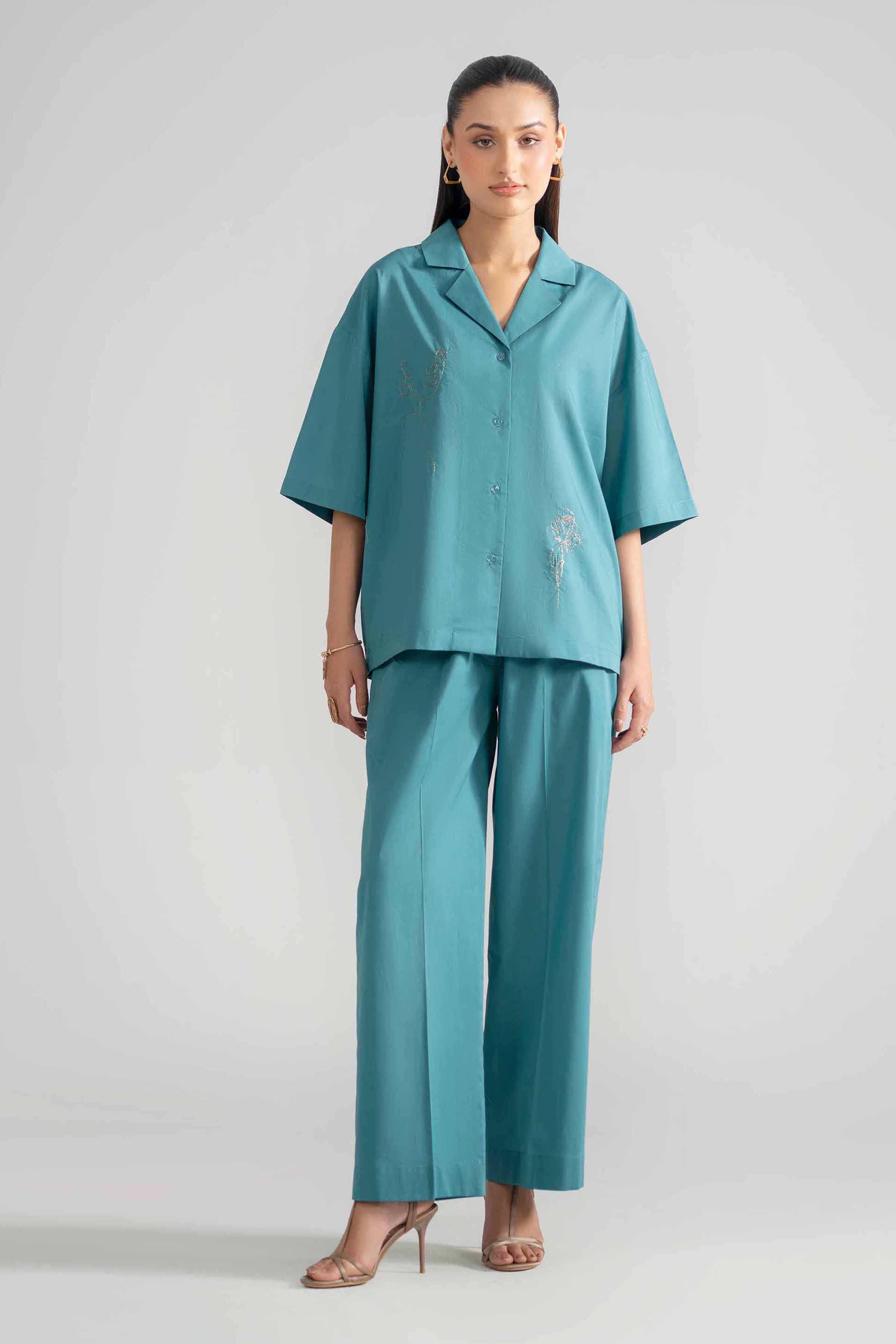 2 Piece - Embroidered Suit - AS26-39 Blue Cambric 2PC Embroidered READY TO WEAR