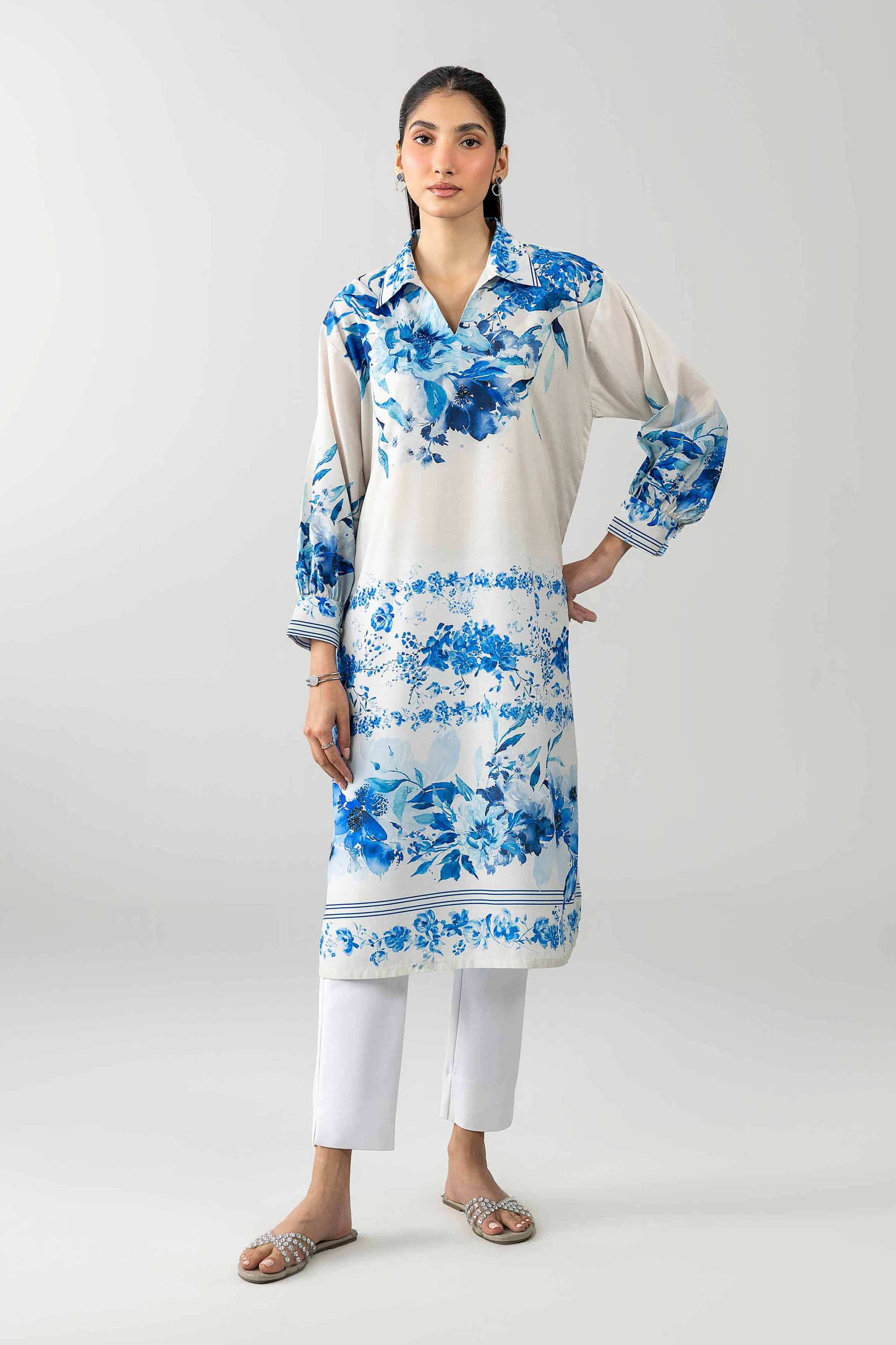 Printed Tunic - AS26-46 White Silk 1PC Printed READY TO WEAR