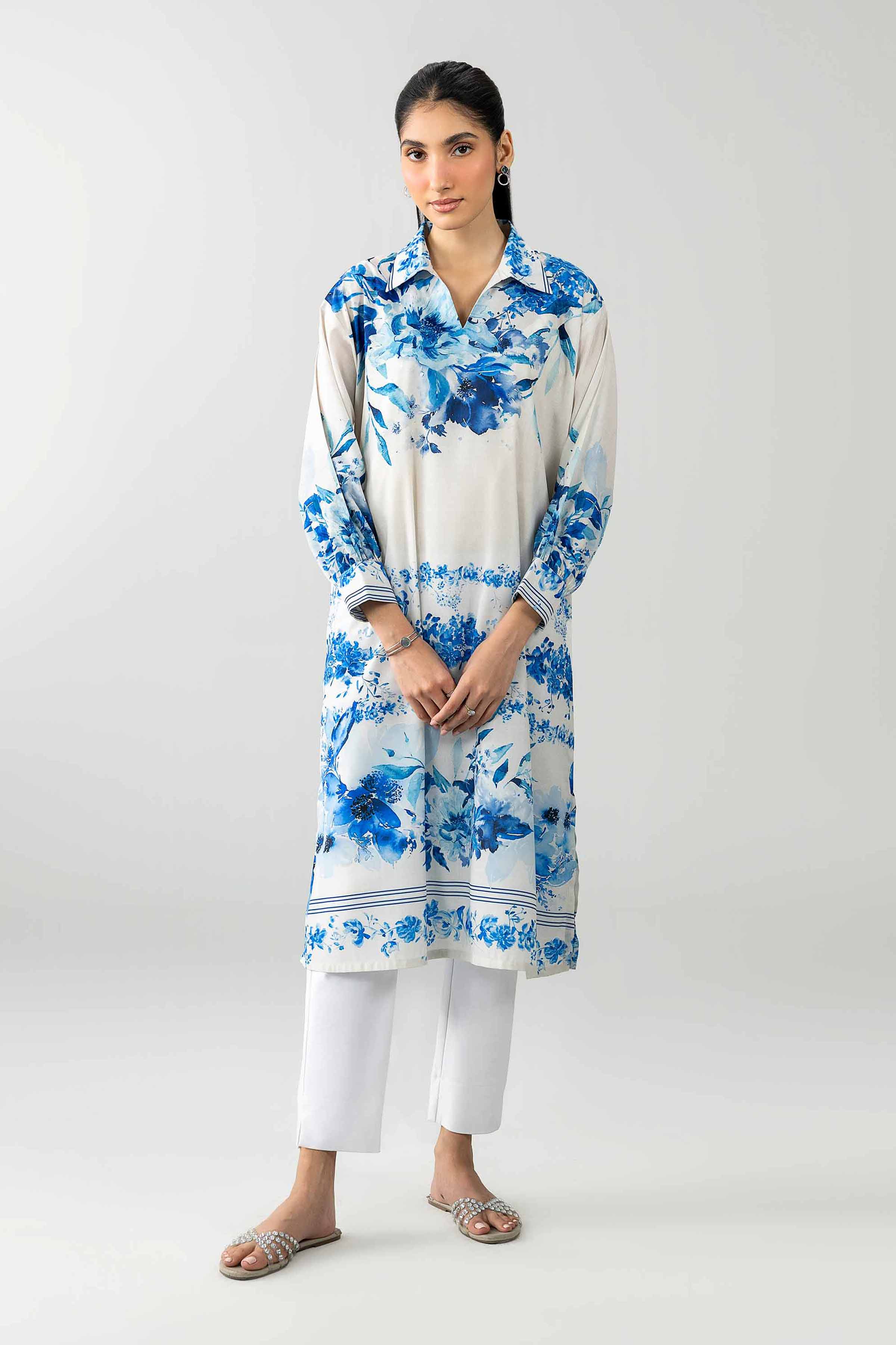 Printed Tunic - AS26-46 White Silk 1PC Printed READY TO WEAR