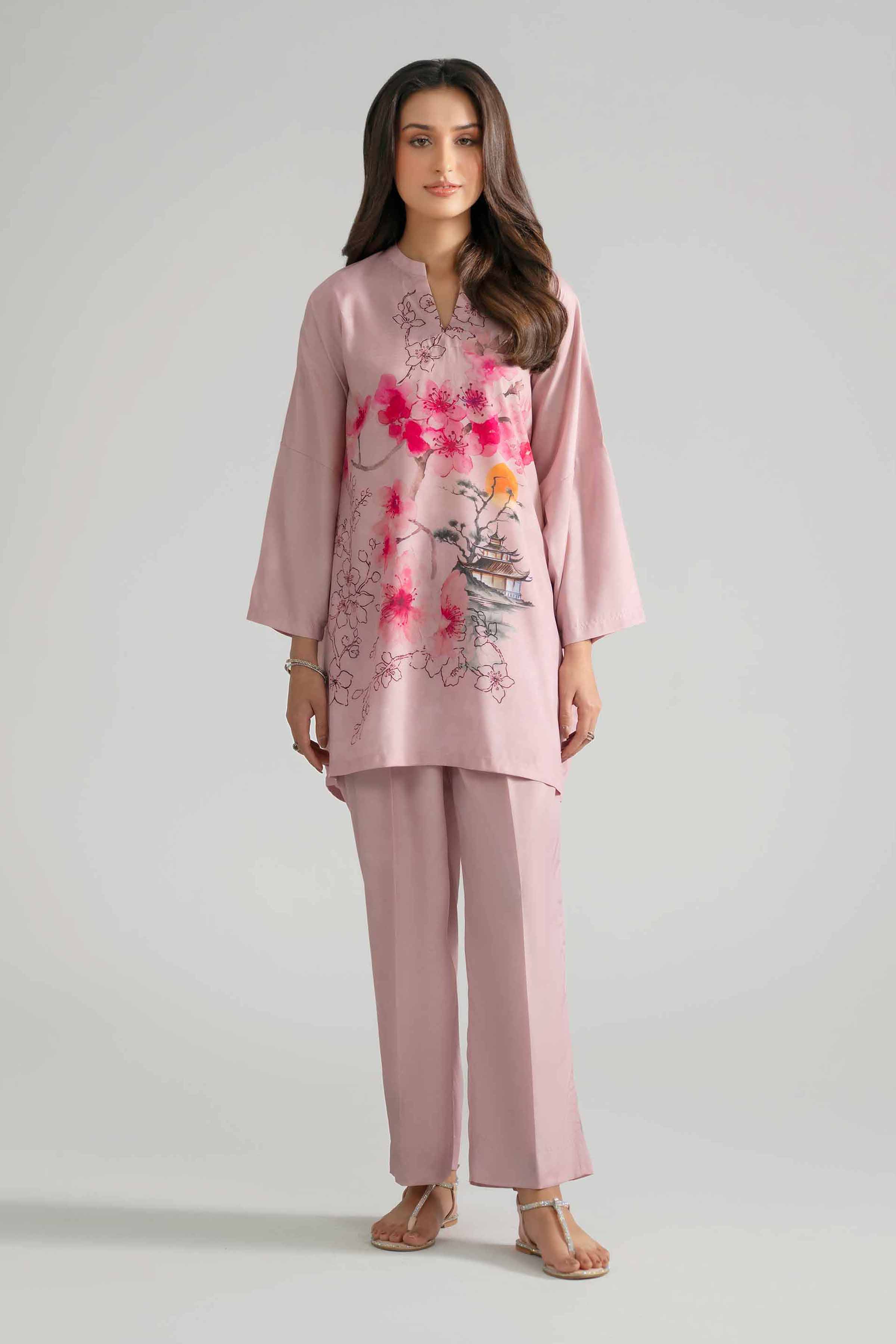2 Piece - Printed Suit - AS26-47 Pink Silk 2PC Printed READY TO WEAR