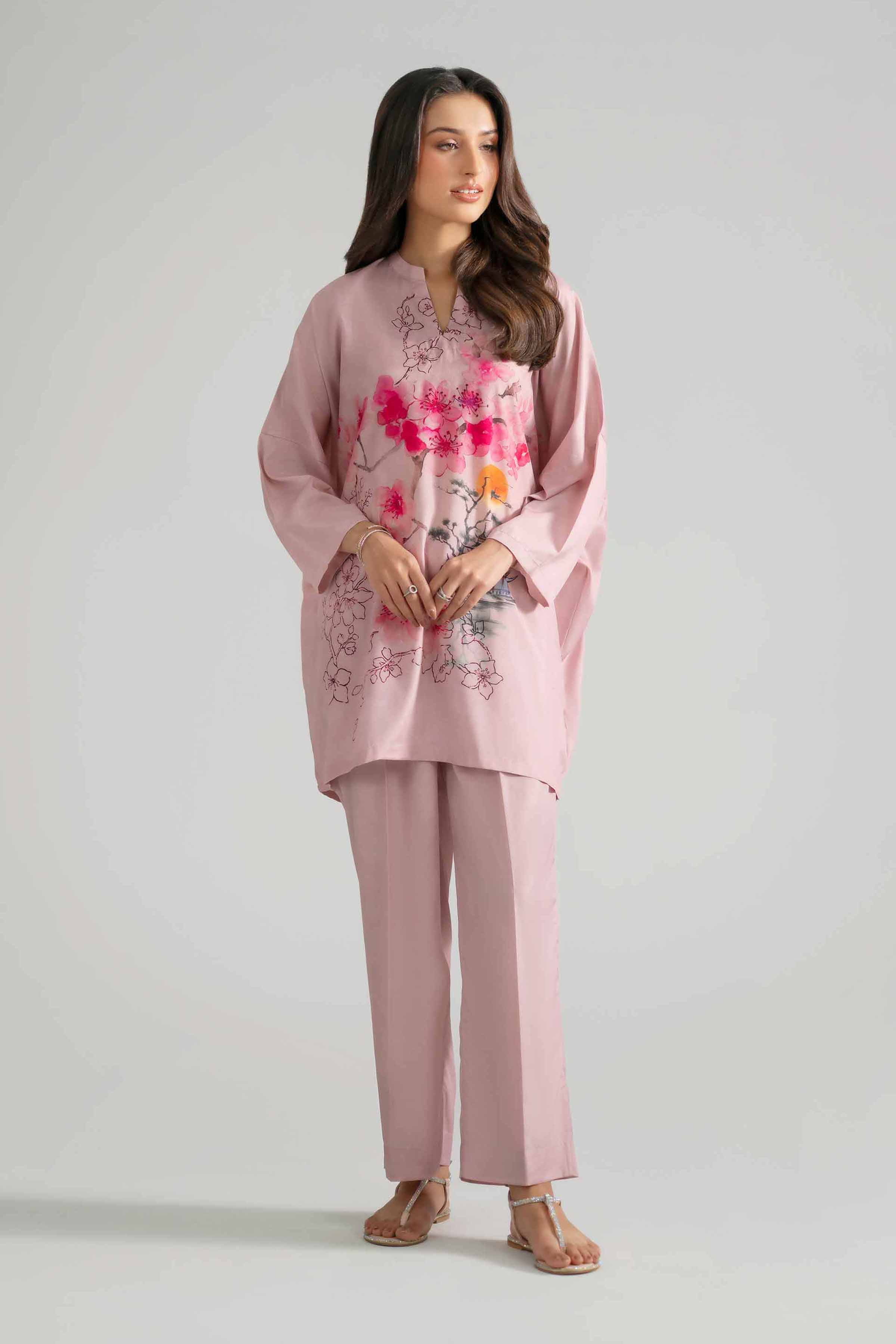 2 Piece - Printed Suit - AS26-47 Pink Silk 2PC Printed READY TO WEAR
