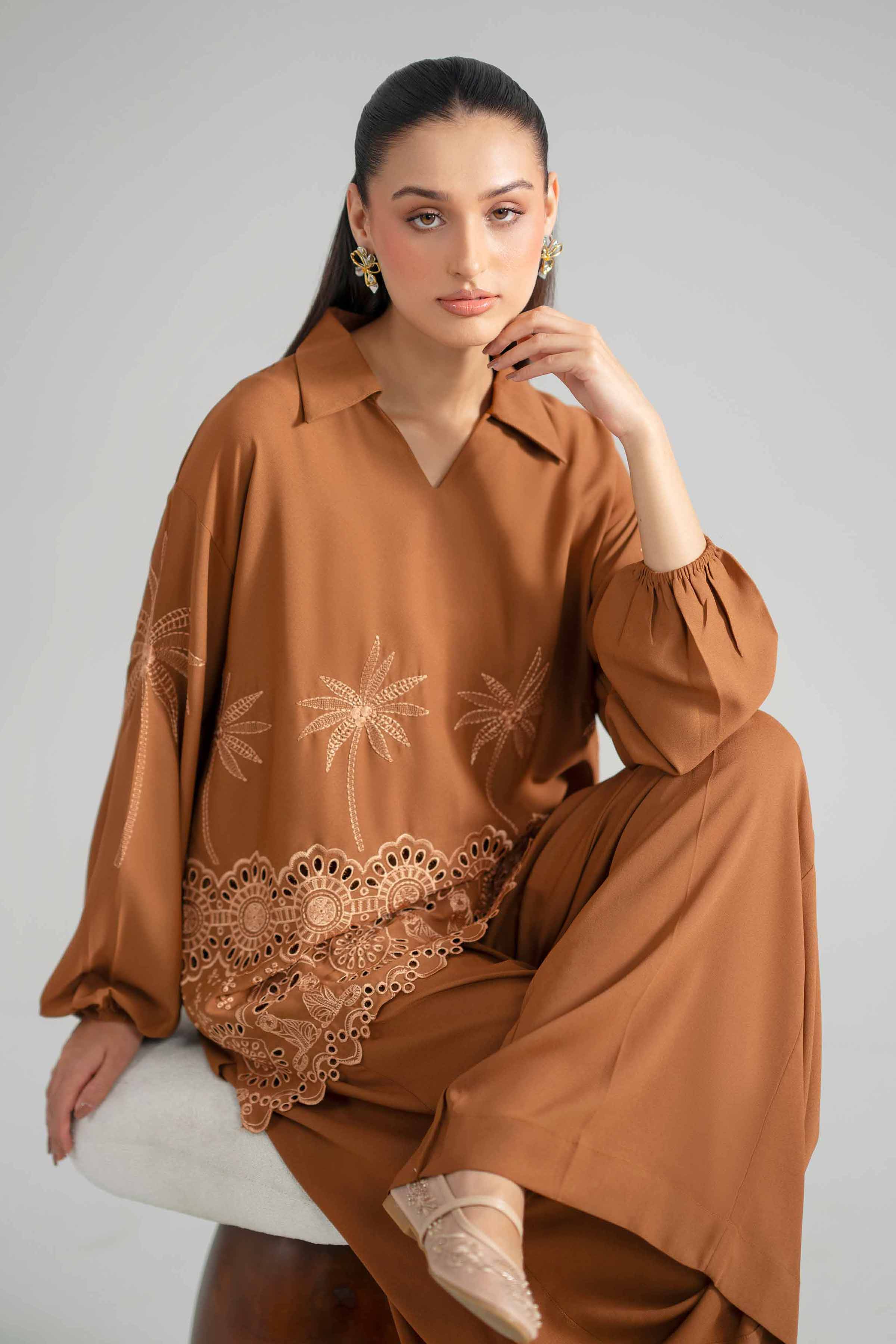 2 Piece - Embroidered Suit - AS26-55 Brown Georgette 2PC Embroidered READY TO WEAR