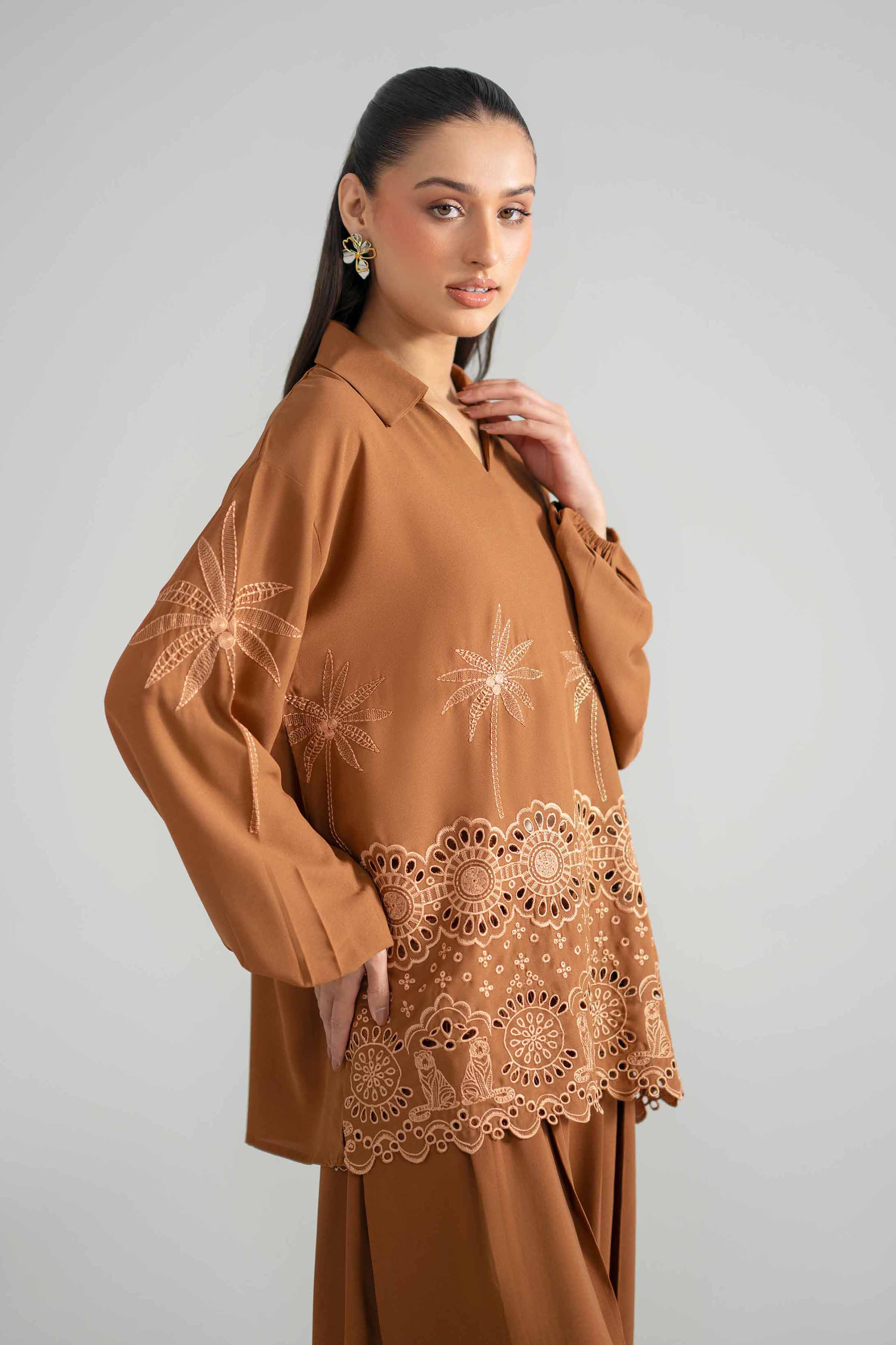 2 Piece - Embroidered Suit - AS26-55 Brown Georgette 2PC Embroidered READY TO WEAR