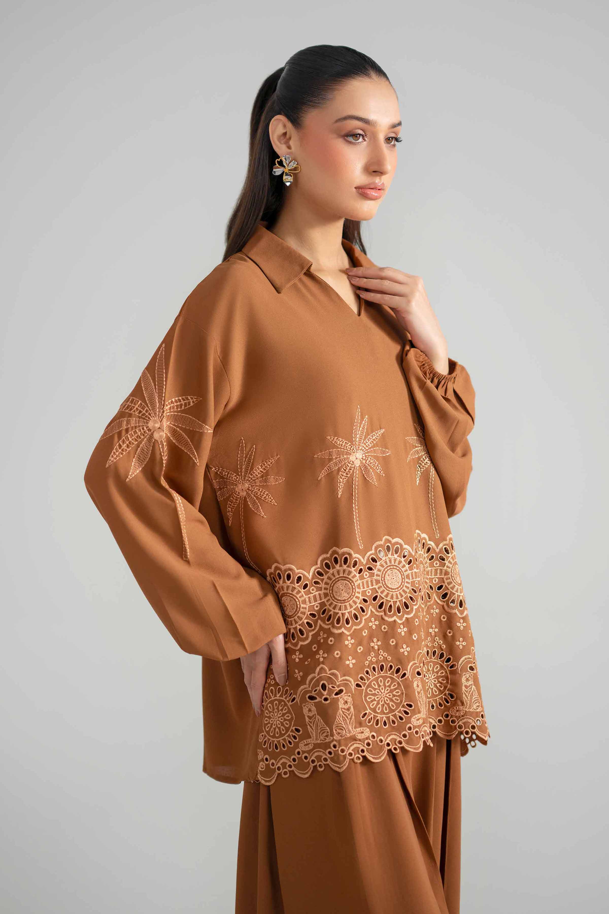 2 Piece - Embroidered Suit - AS26-55 Brown Georgette 2PC Embroidered READY TO WEAR