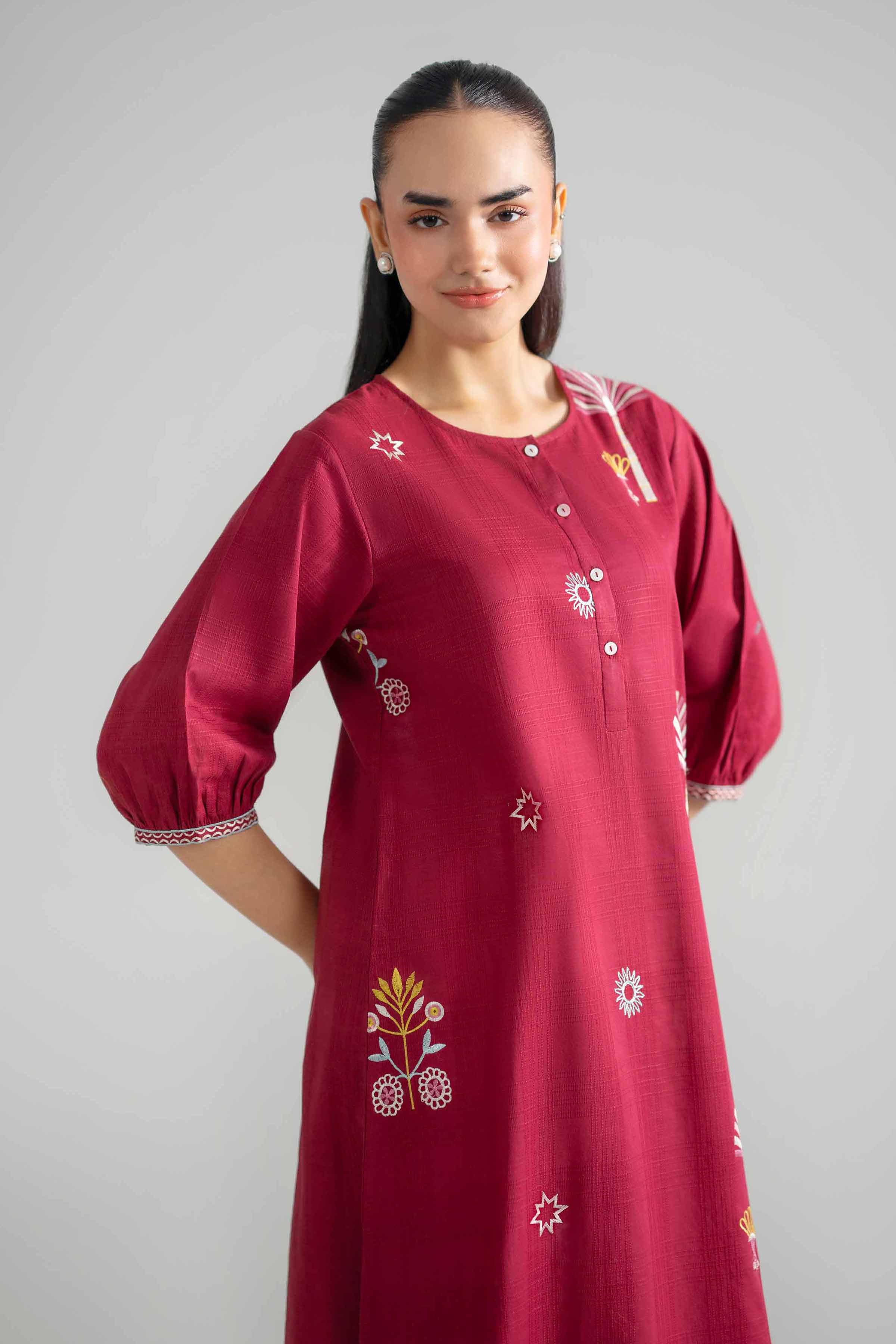 Embroidered Dress - AS26-58 Red Leno Kara 1PC Embroidered READY TO WEAR