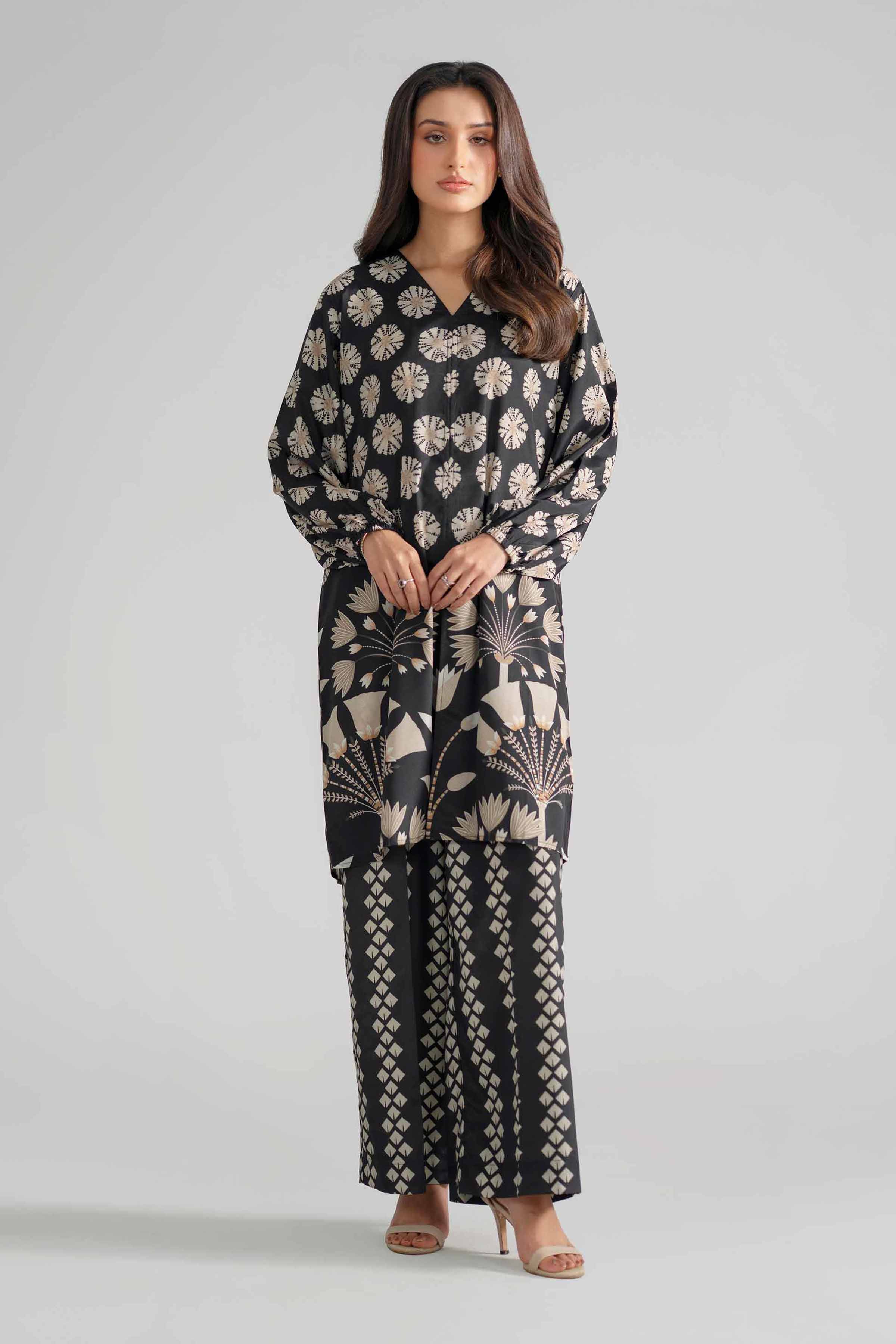 2 Piece - Printed Suit - AS26-62 Black Silk 2PC Printed READY TO WEAR