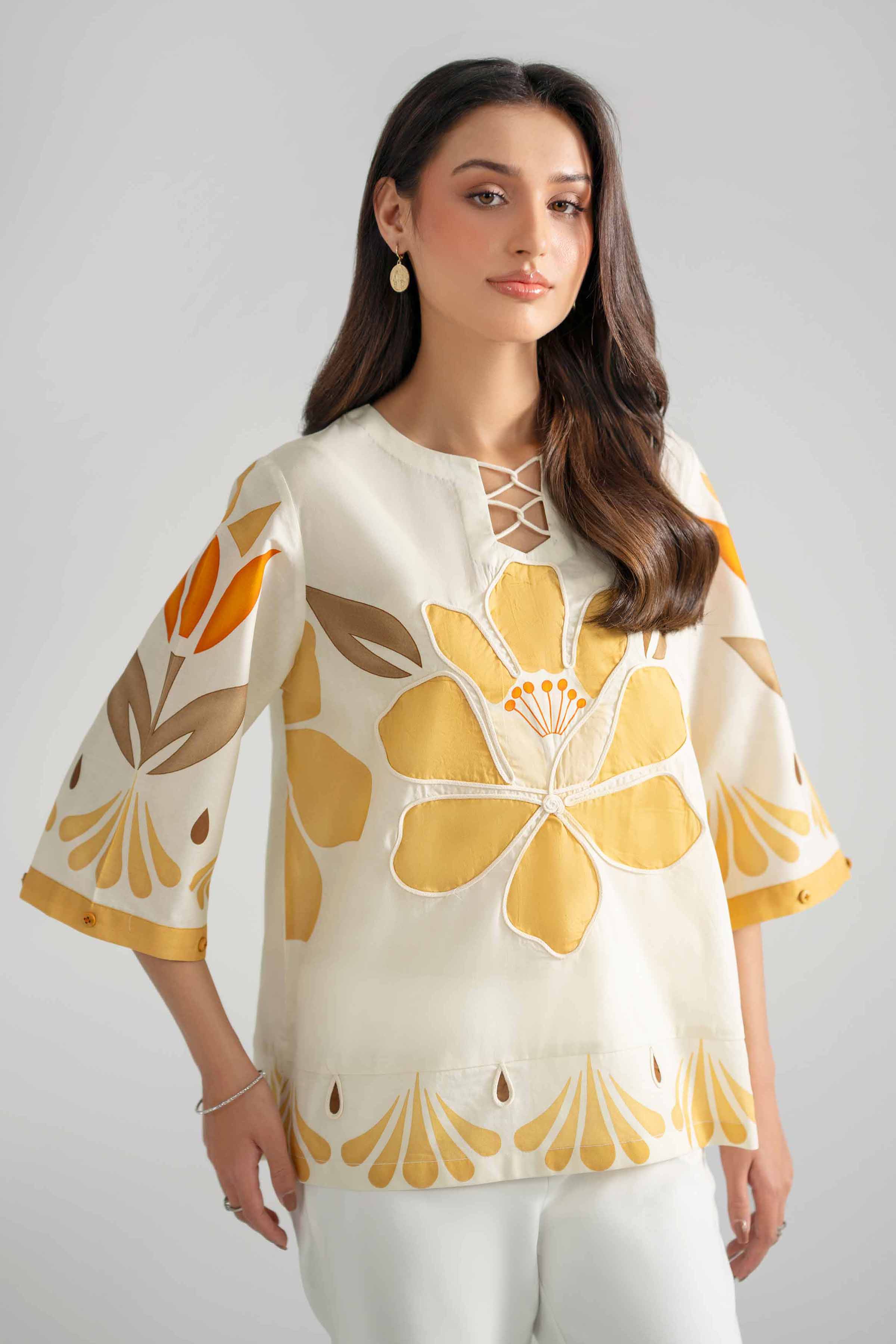 Printed Tunic - AS26-63 Off White Cambric 1PC Printed READY TO WEAR