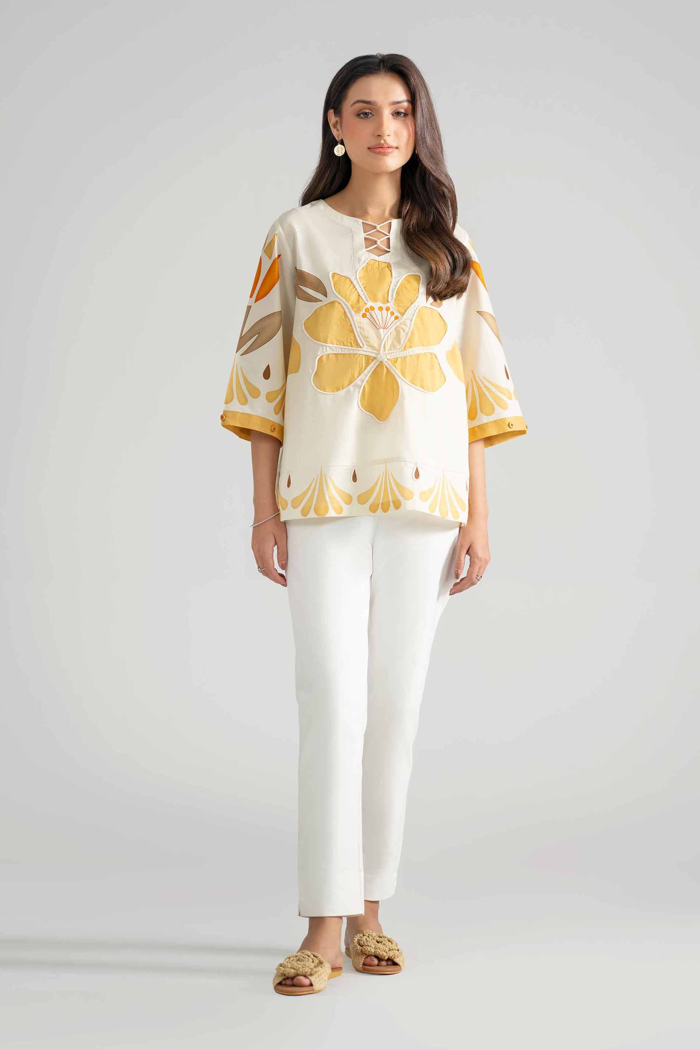 Printed Tunic - AS26-63 Off White Cambric 1PC Printed READY TO WEAR