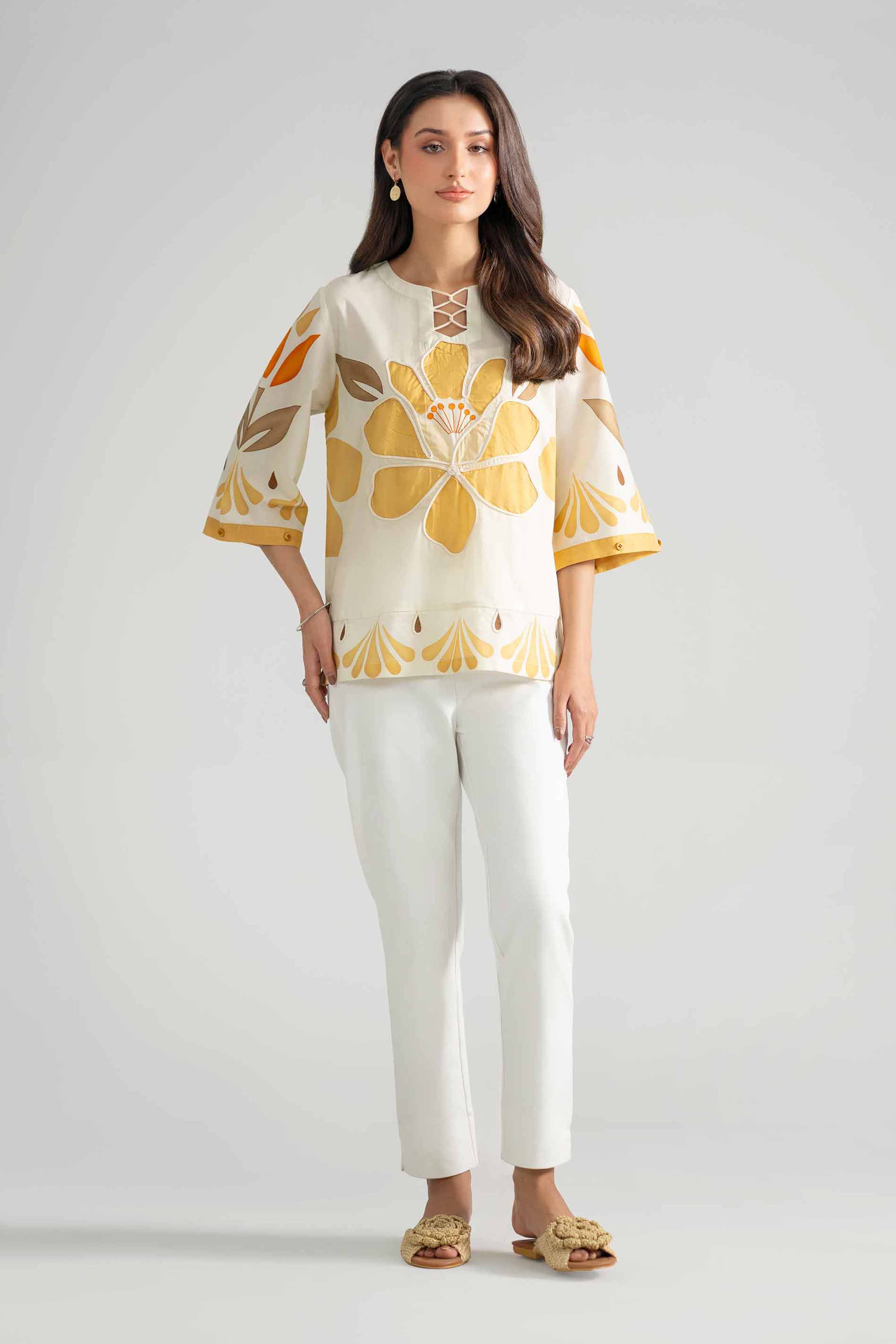 Printed Tunic - AS26-63 Off White Cambric 1PC Printed READY TO WEAR