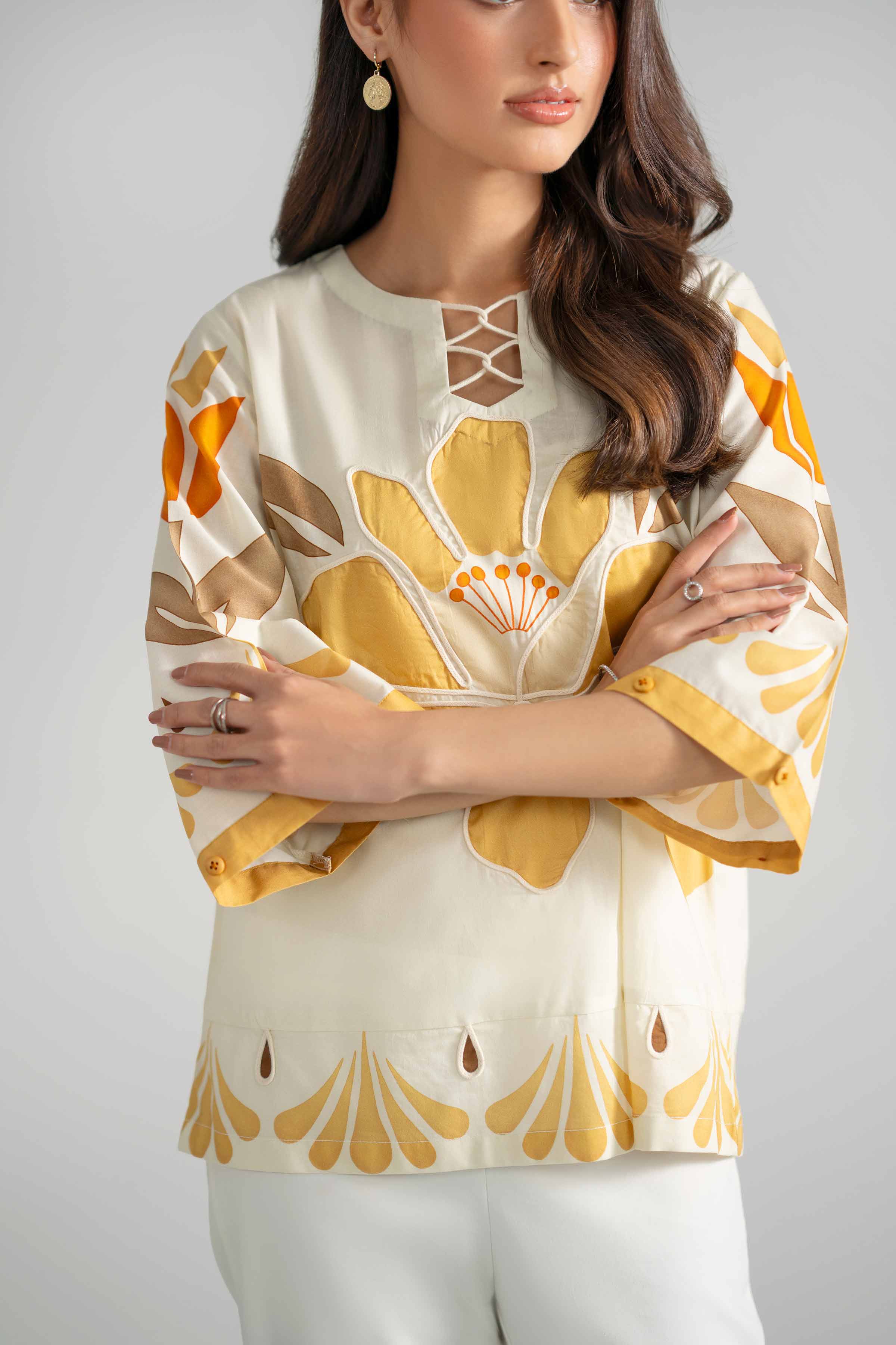Printed Tunic - AS26-63 Off White Cambric 1PC Printed READY TO WEAR