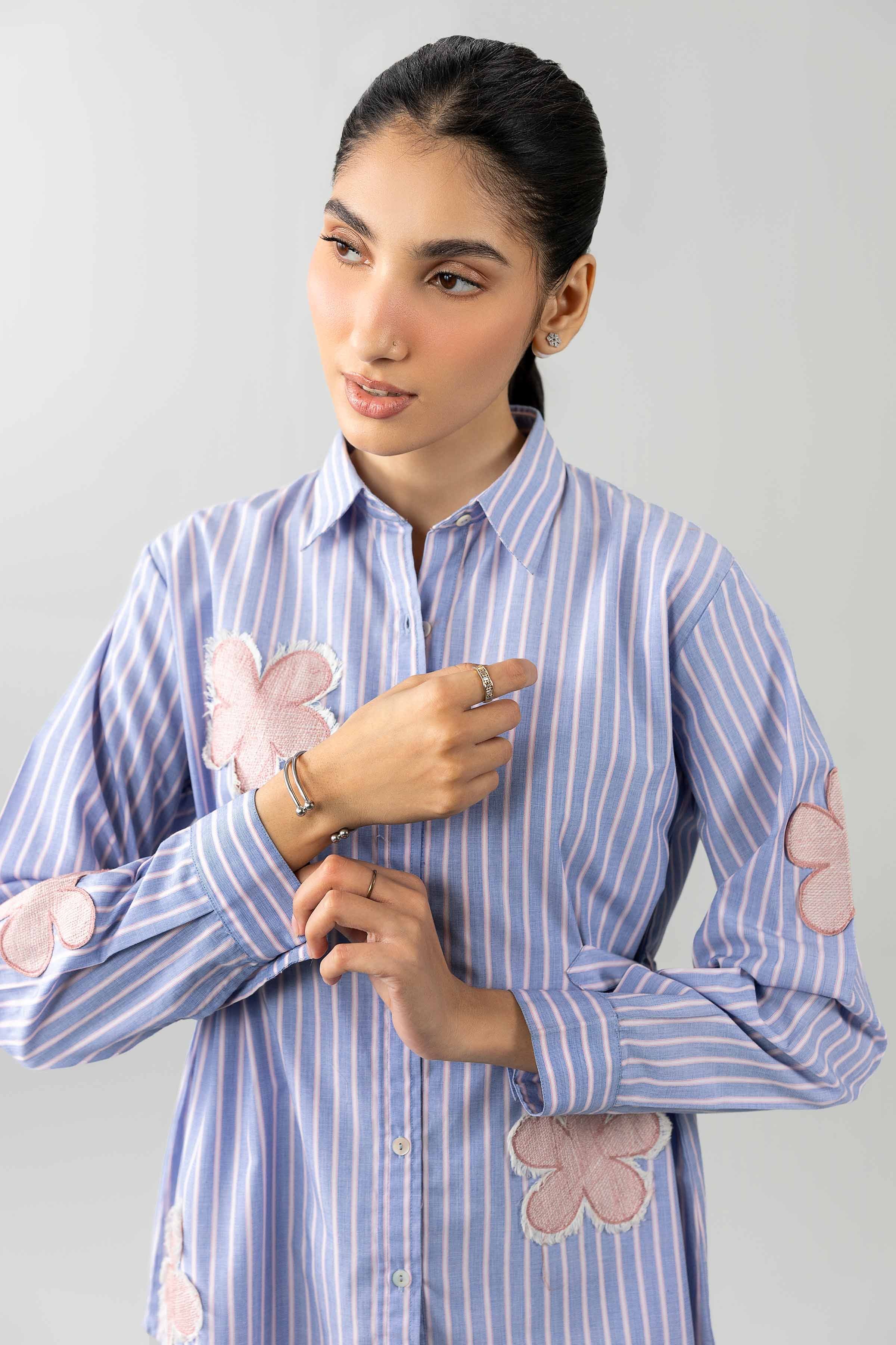 Printed Embroidered Shirt - AS26-71 Blue Cotton 1PC Embroidered READY TO WEAR