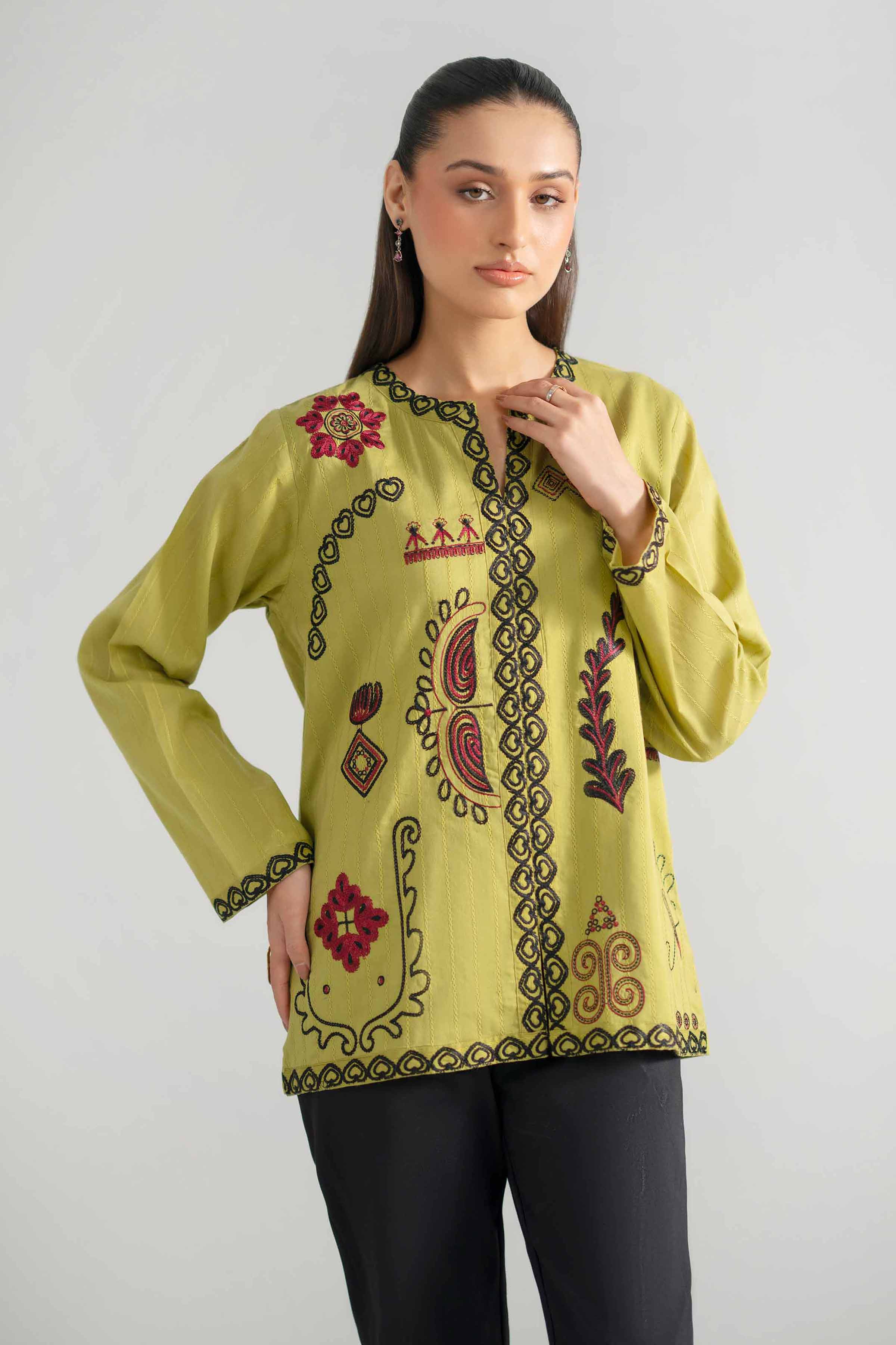 Embroidered Tunic - AS26-73 Green Leno Kara 1PC Embroidered READY TO WEAR