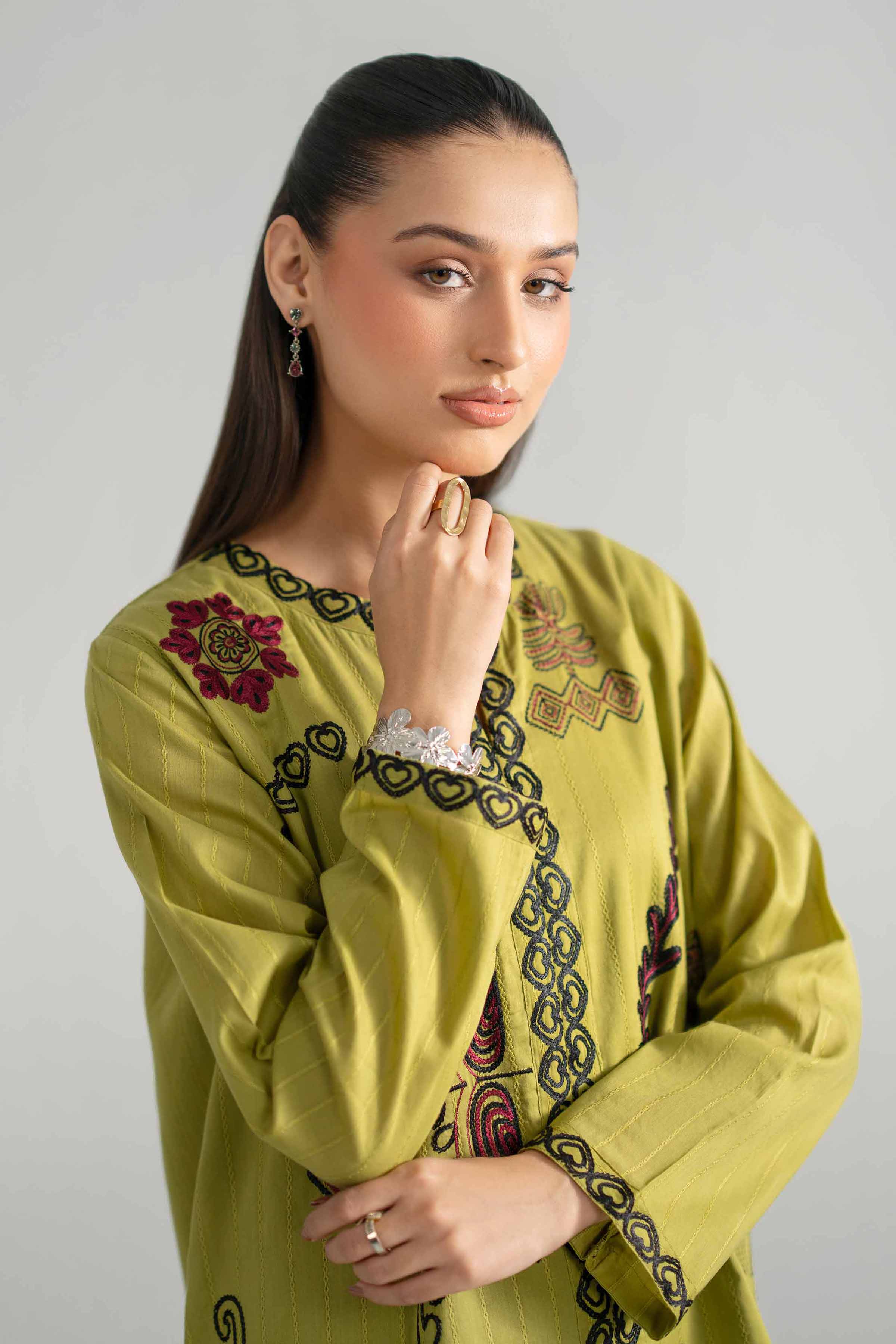 Embroidered Tunic - AS26-73 Green Leno Kara 1PC Embroidered READY TO WEAR