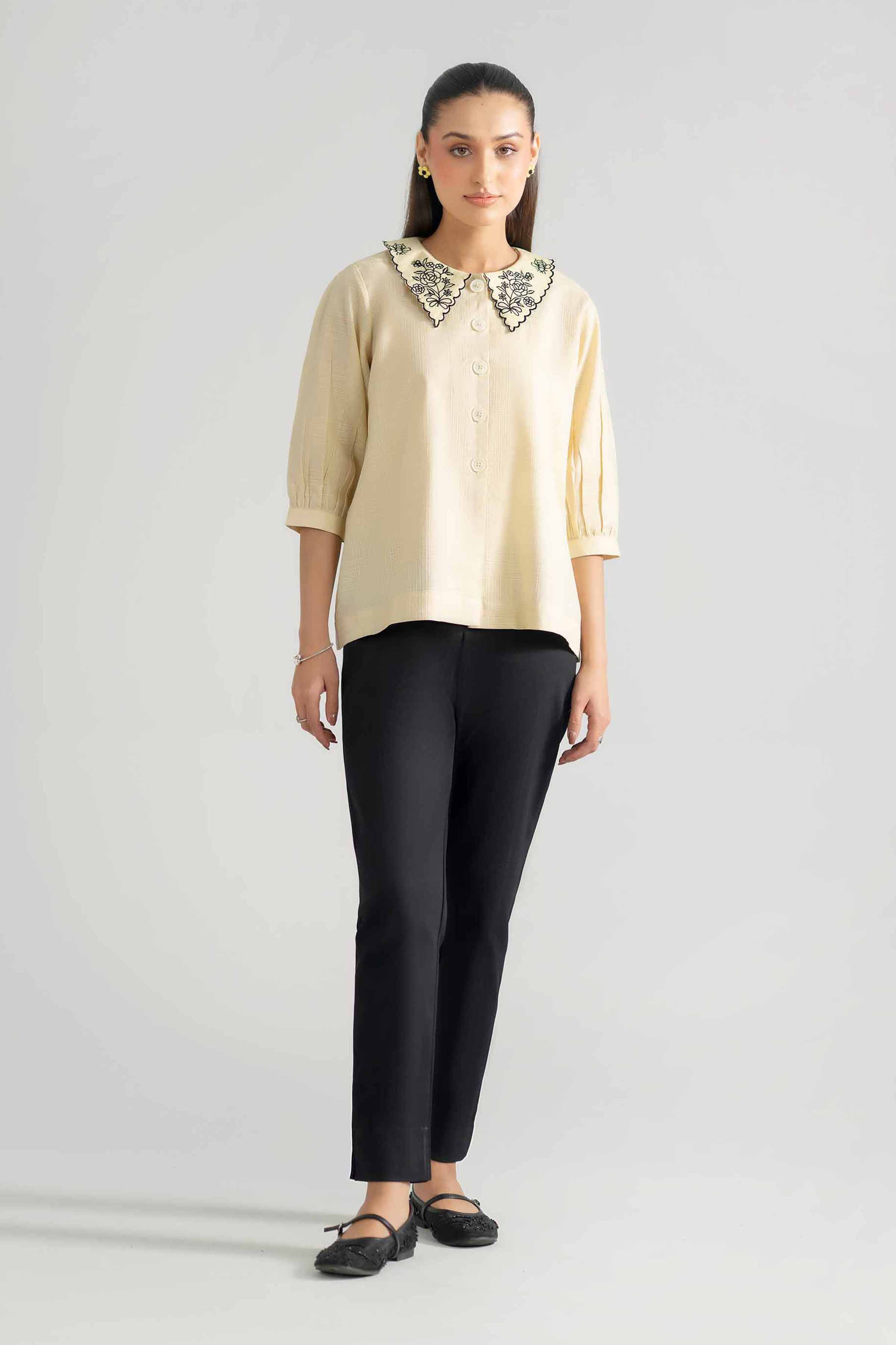 Embroidered Shirt - AS26-74 Off White Leno Kara 1PC Embroidered