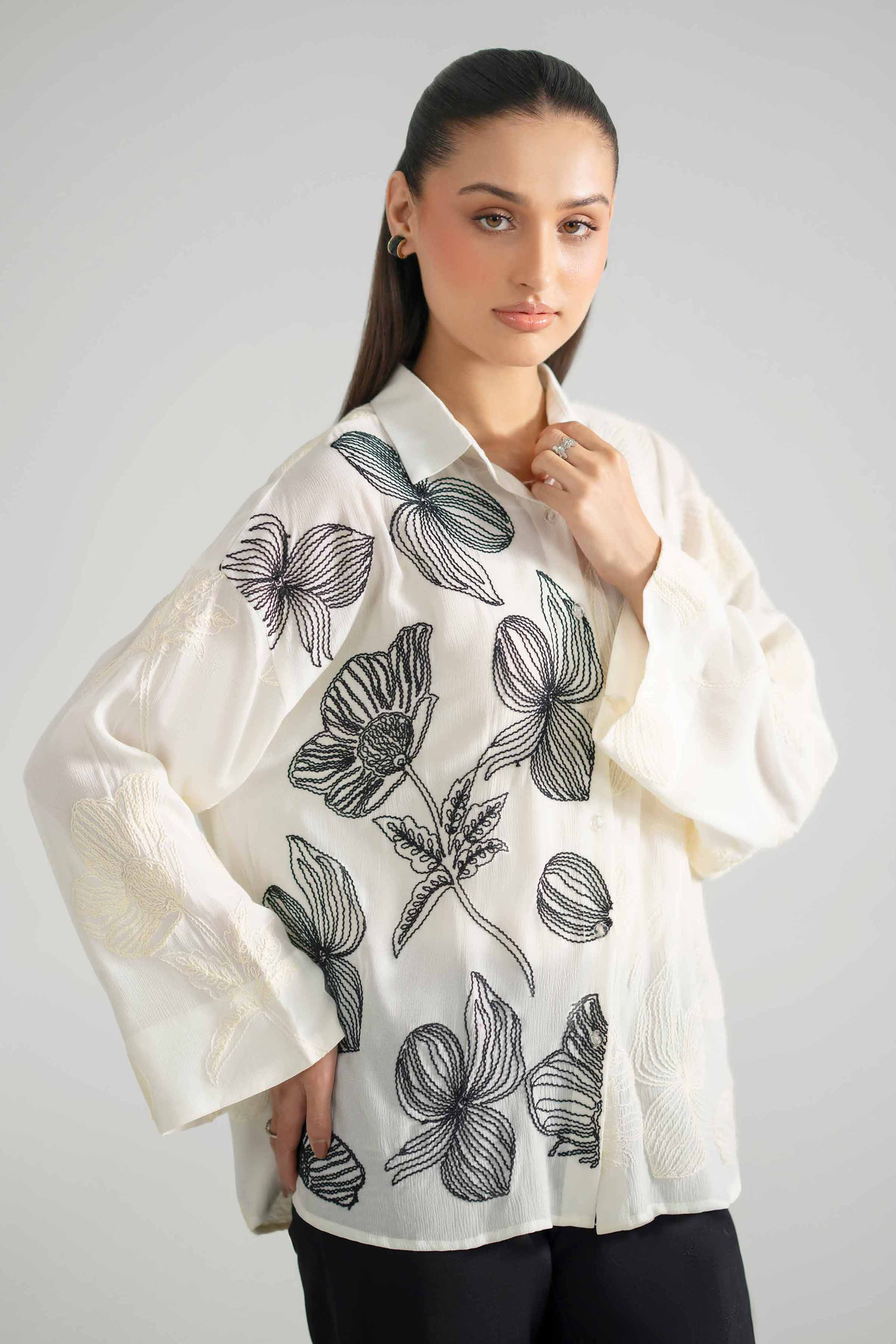 Embroidered Shirt - AS26-75 White Cotton 1PC Embroidered READY TO WEAR
