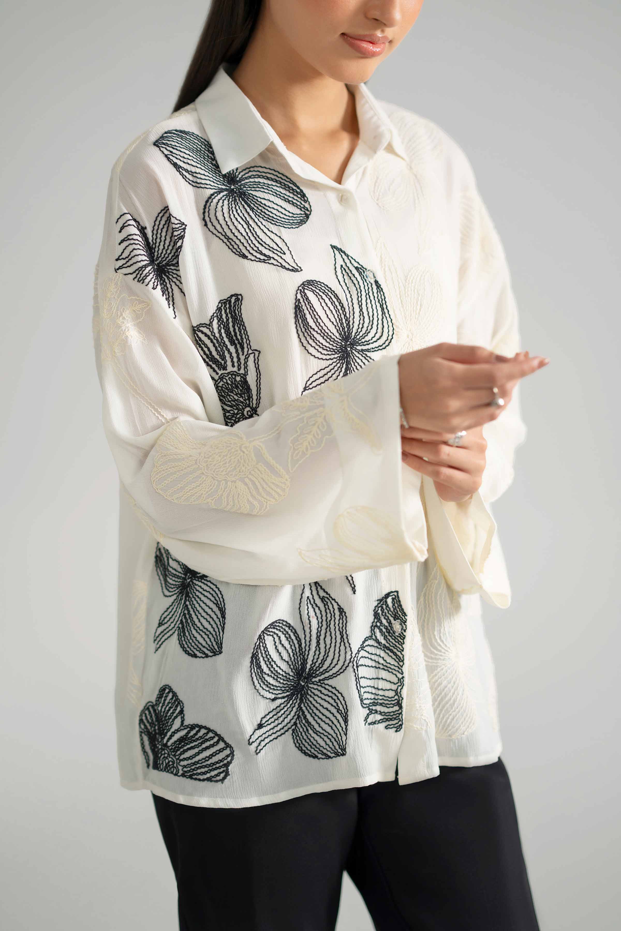 Embroidered Shirt - AS26-75 White Cotton 1PC Embroidered READY TO WEAR