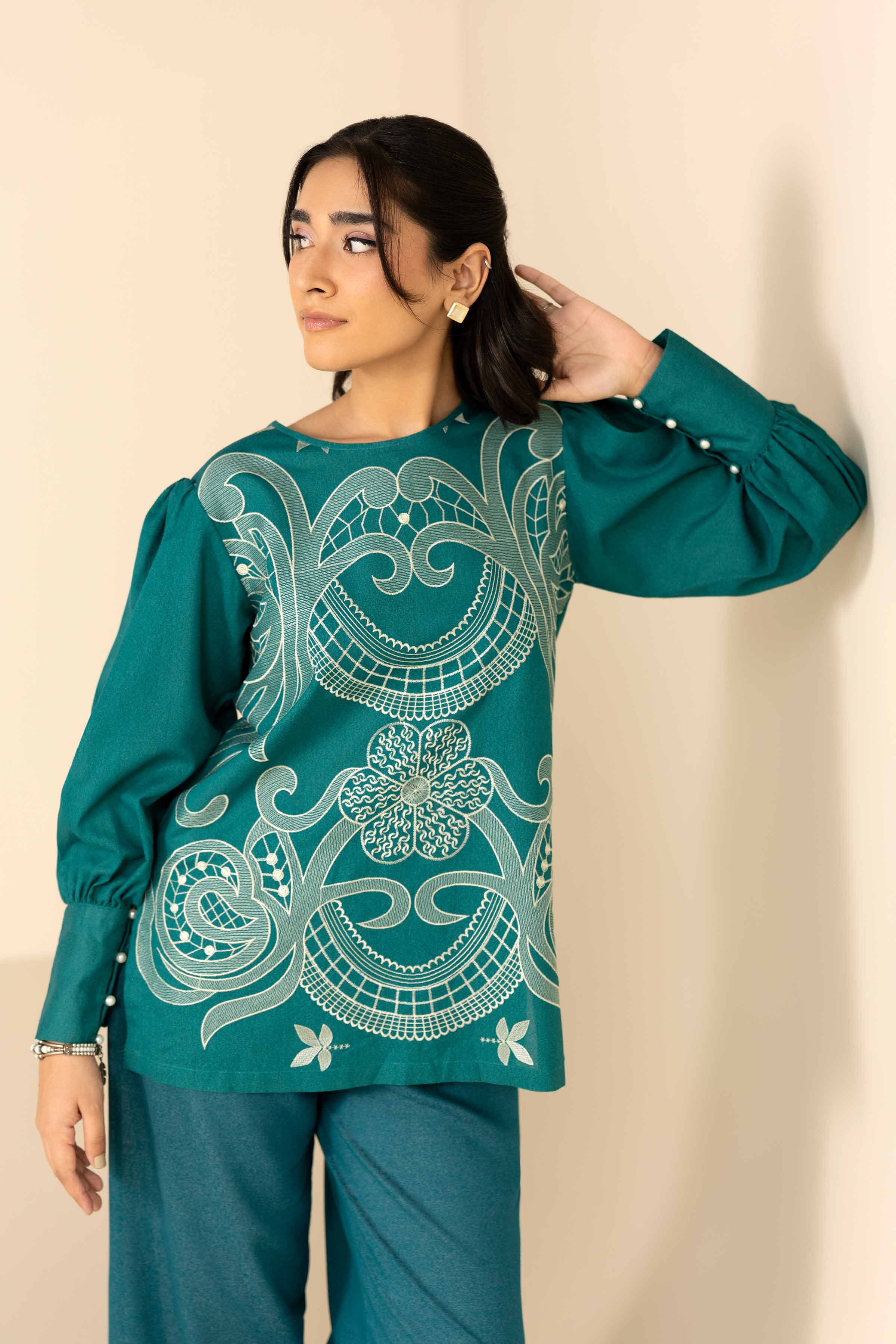 NISHATUAE - Green Embroidered Karandi 2-piece Ready to wear Dress