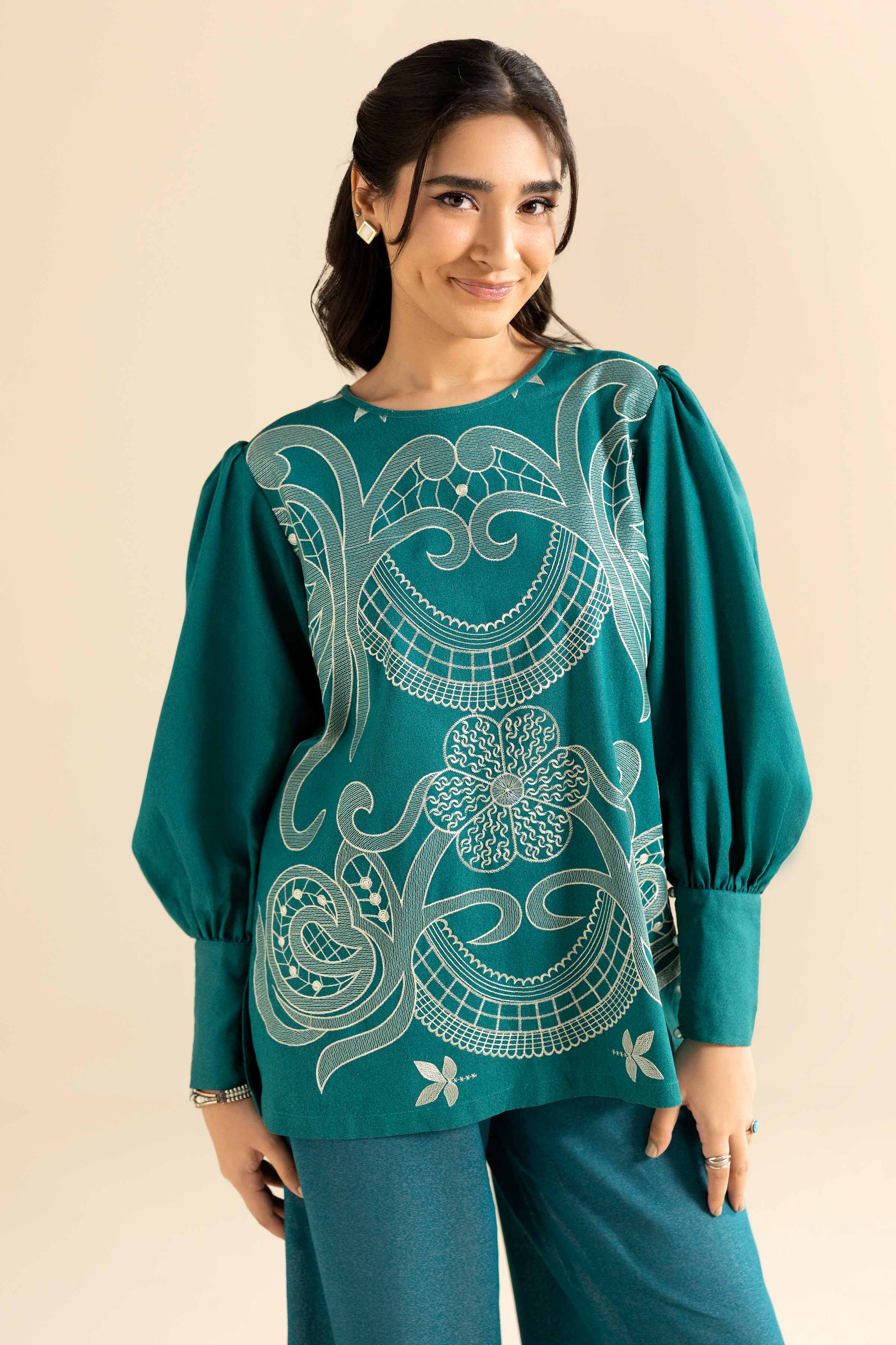 NISHATUAE - Green Embroidered Karandi 2-piece Ready to wear Dress