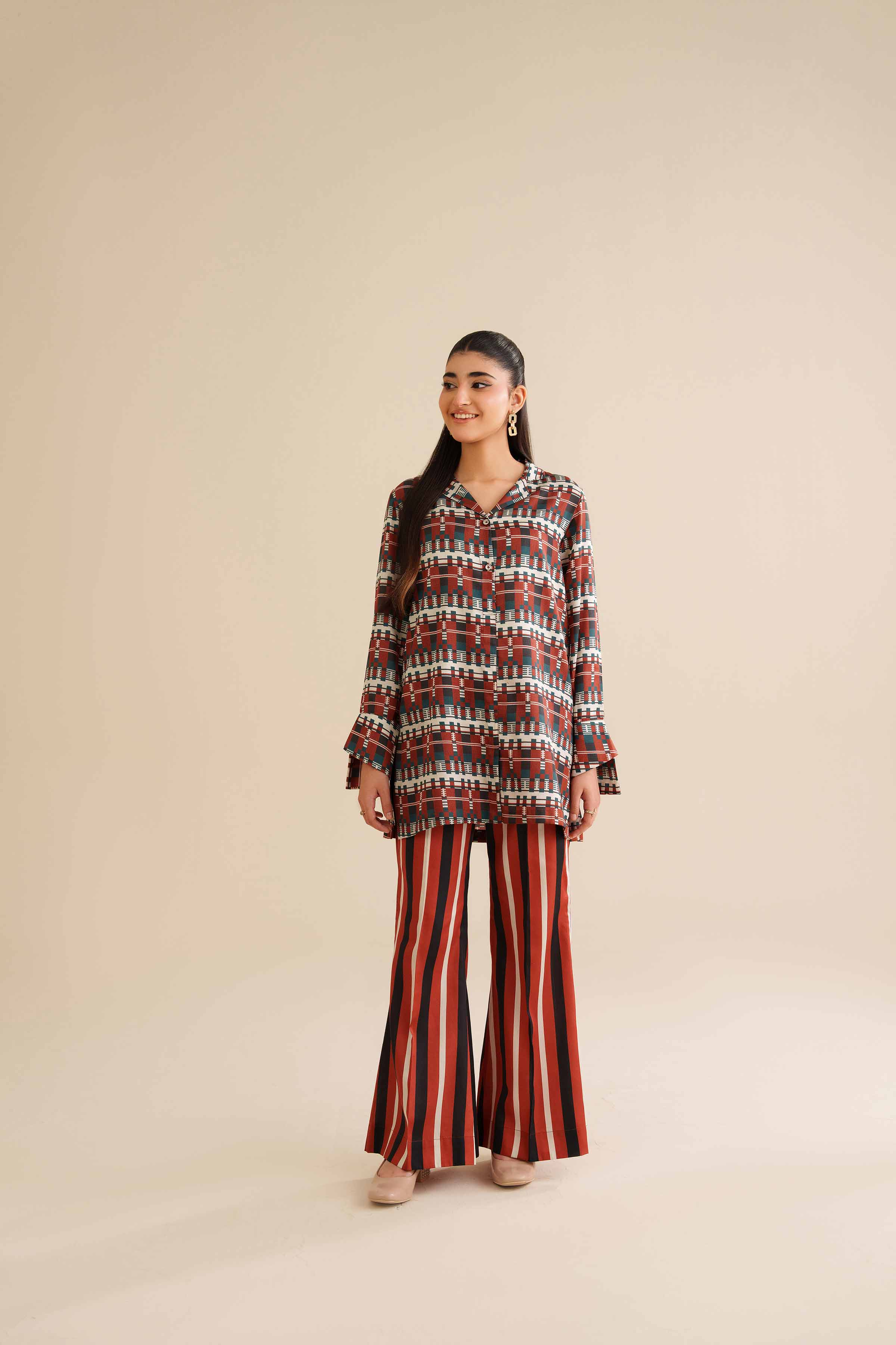 NISHATUAE - Rust Printed Satin 2-piece Ready to wear Dress