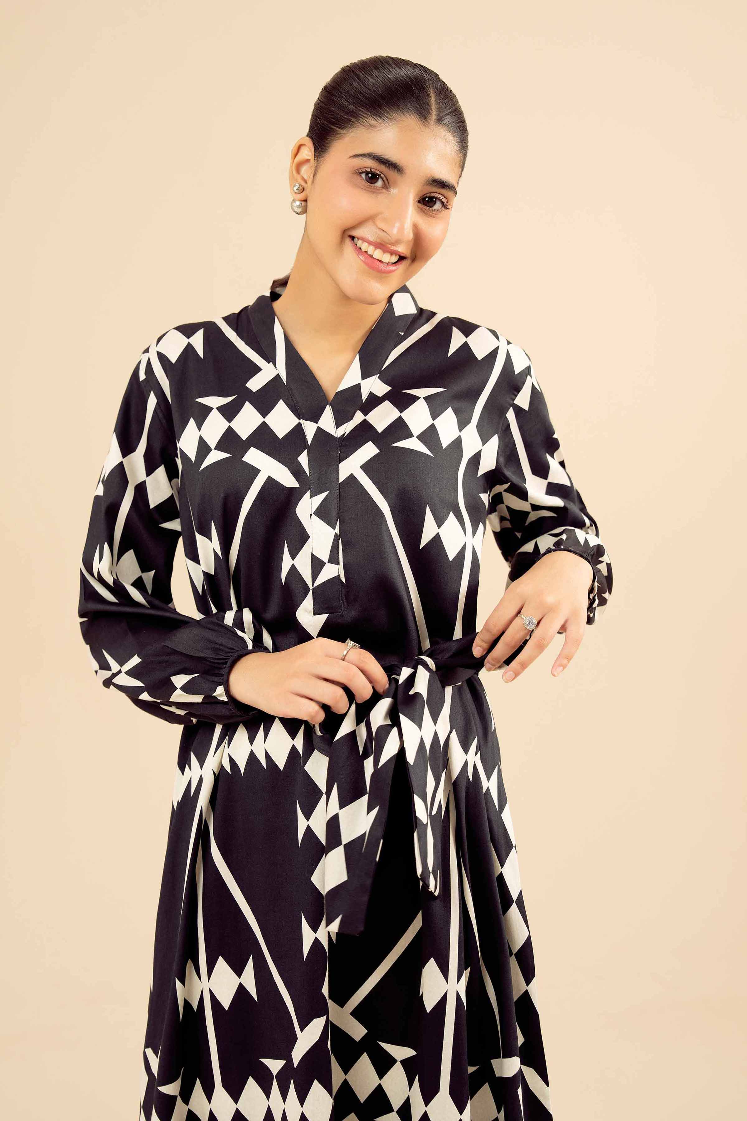 NISHATUAE - Black Printed Satin Ready to wear Dress