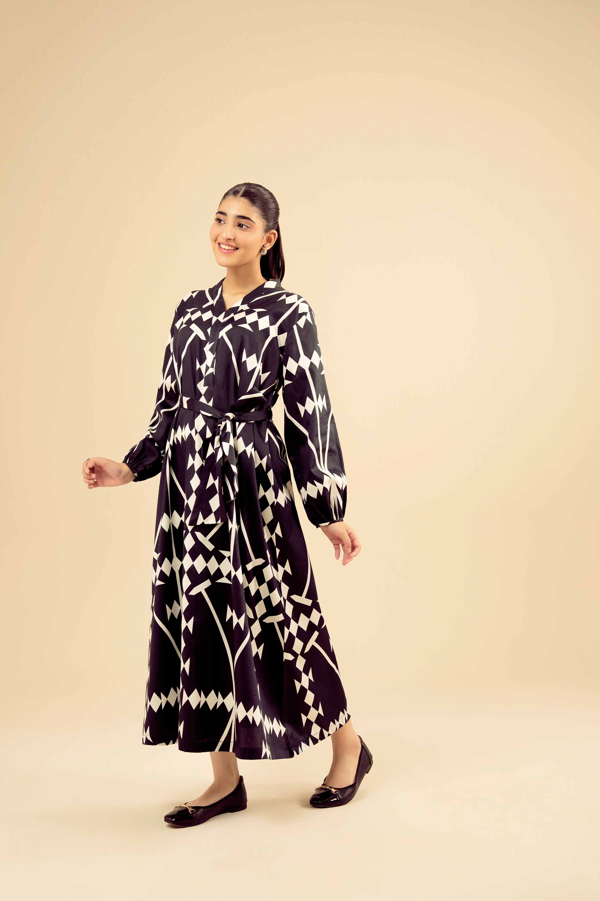 NISHATUAE - Black Printed Satin Ready to wear Dress