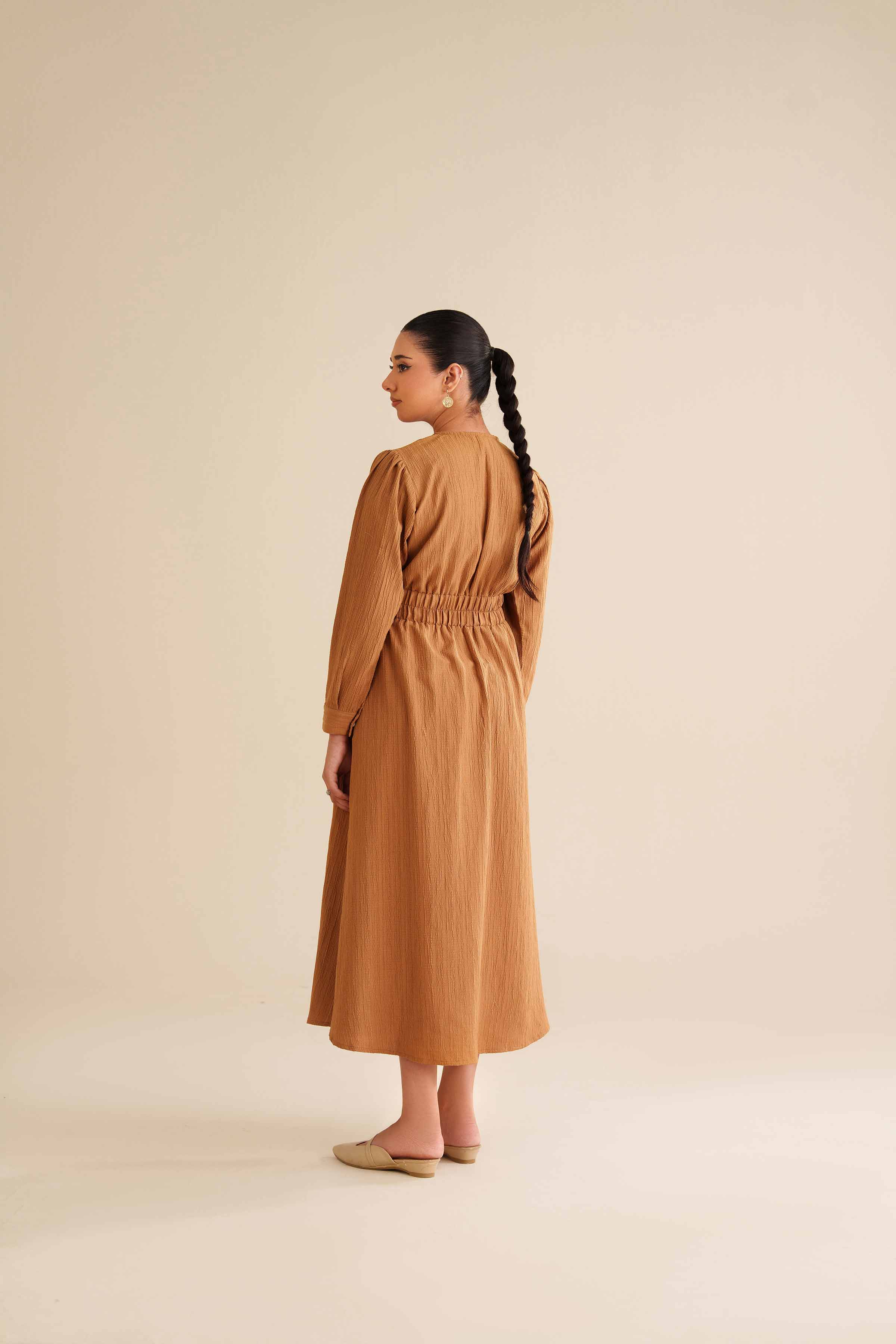 NISHATUAE - Yellow Solids Stripe Crinkle Ready to wear Dress