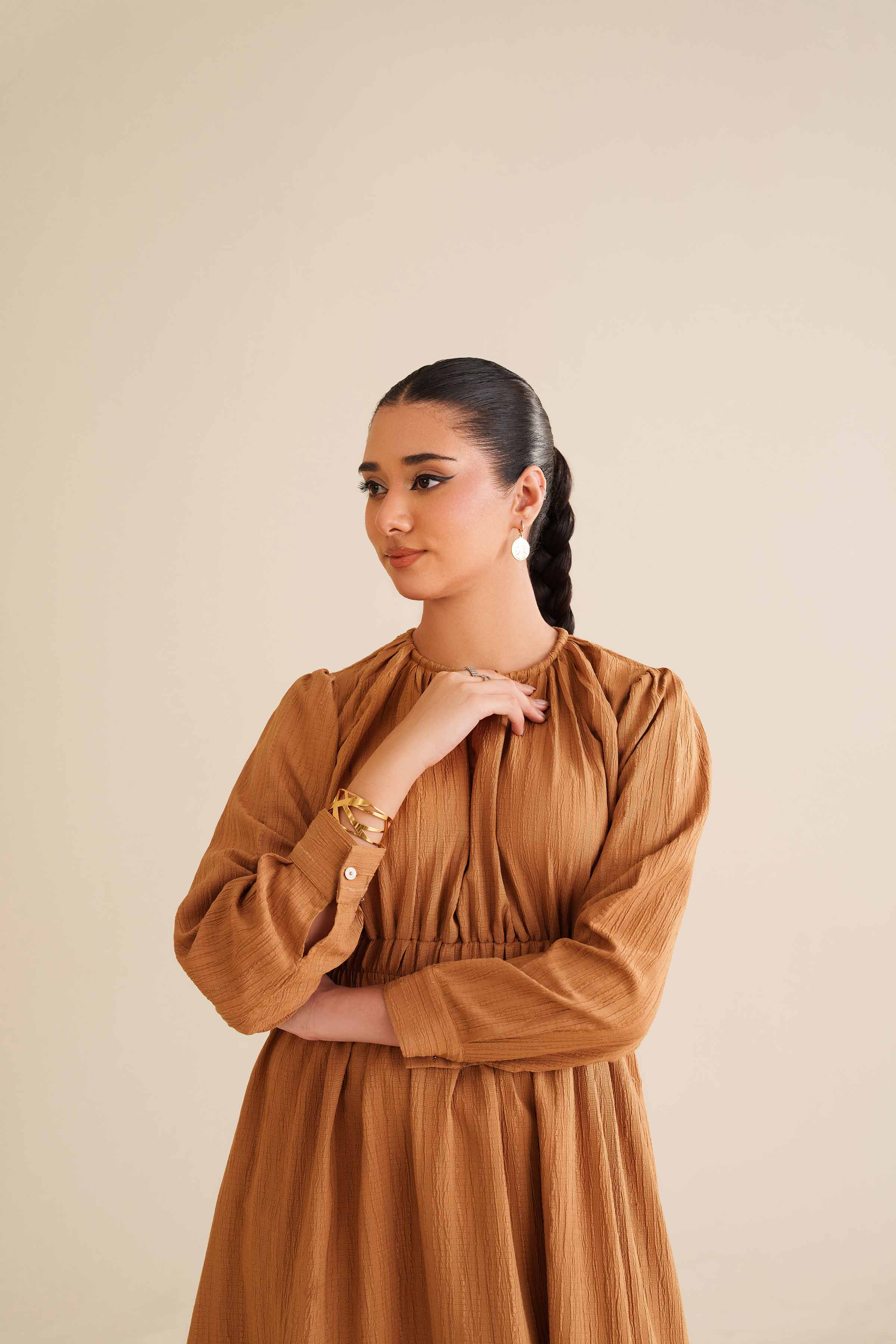 NISHATUAE - Yellow Solids Stripe Crinkle Ready to wear Dress