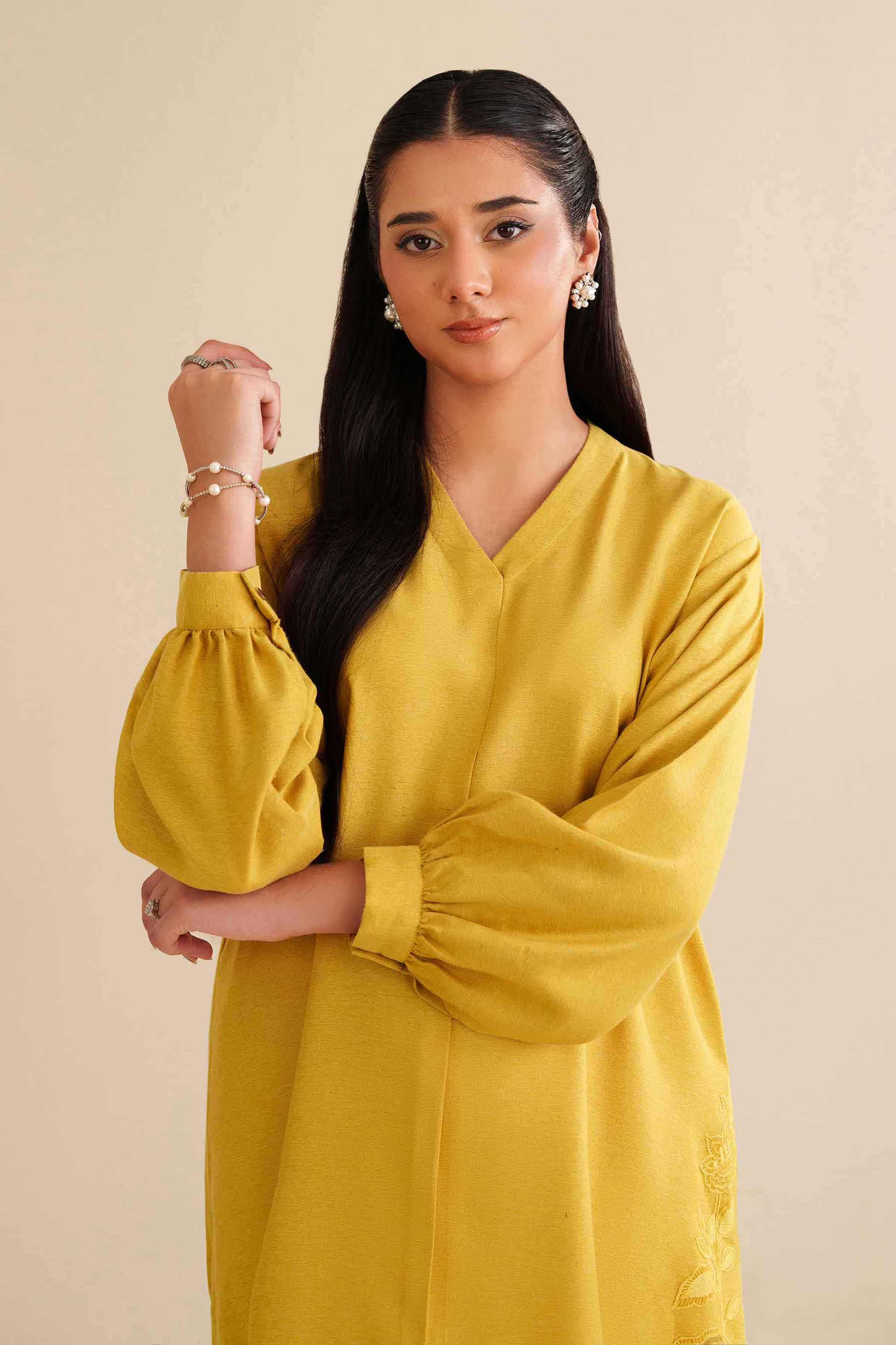 NISHATUAE - Mustard Embroidered Khaddi Ready to wear Dress