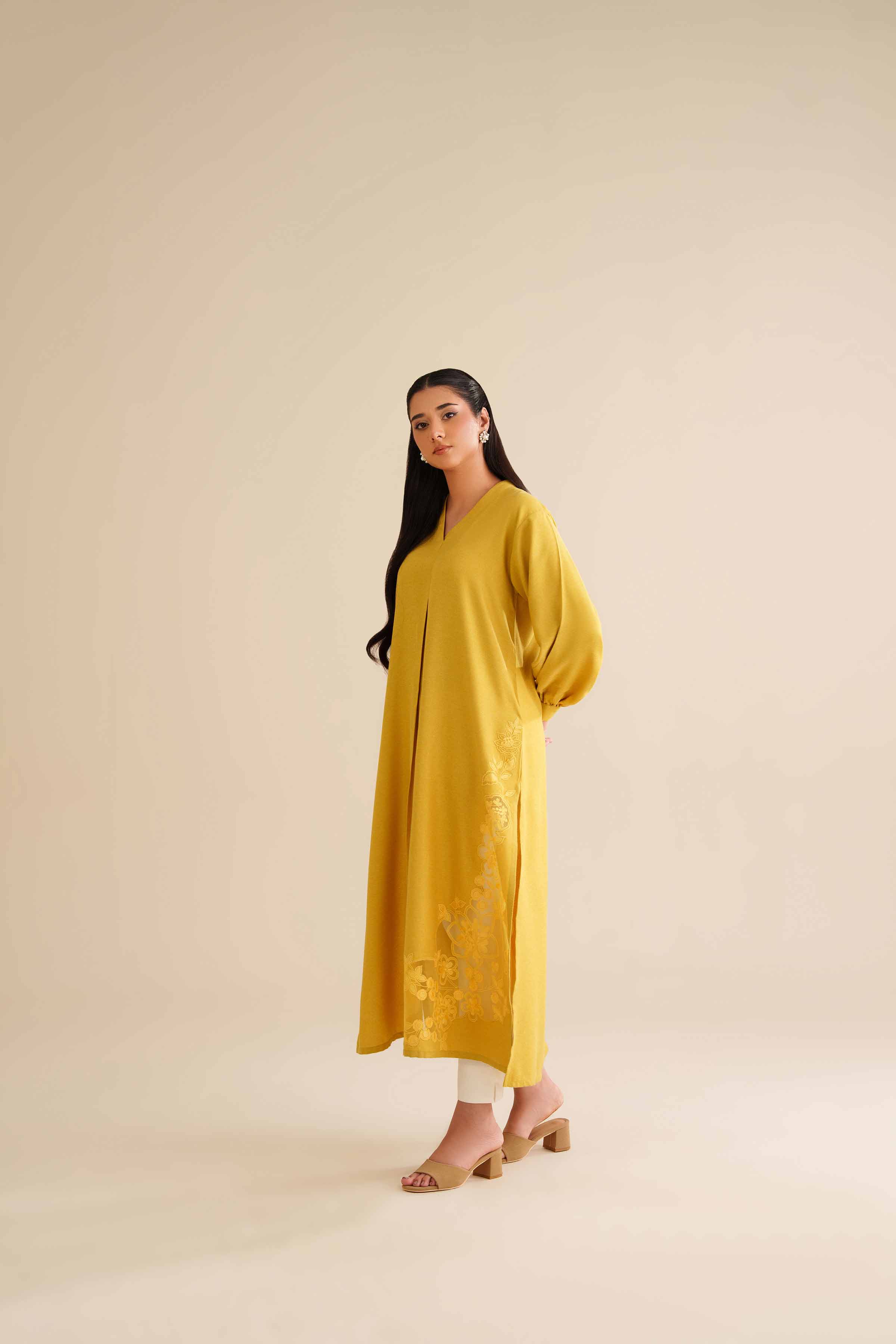 NISHATUAE - Mustard Embroidered Khaddi Ready to wear Dress