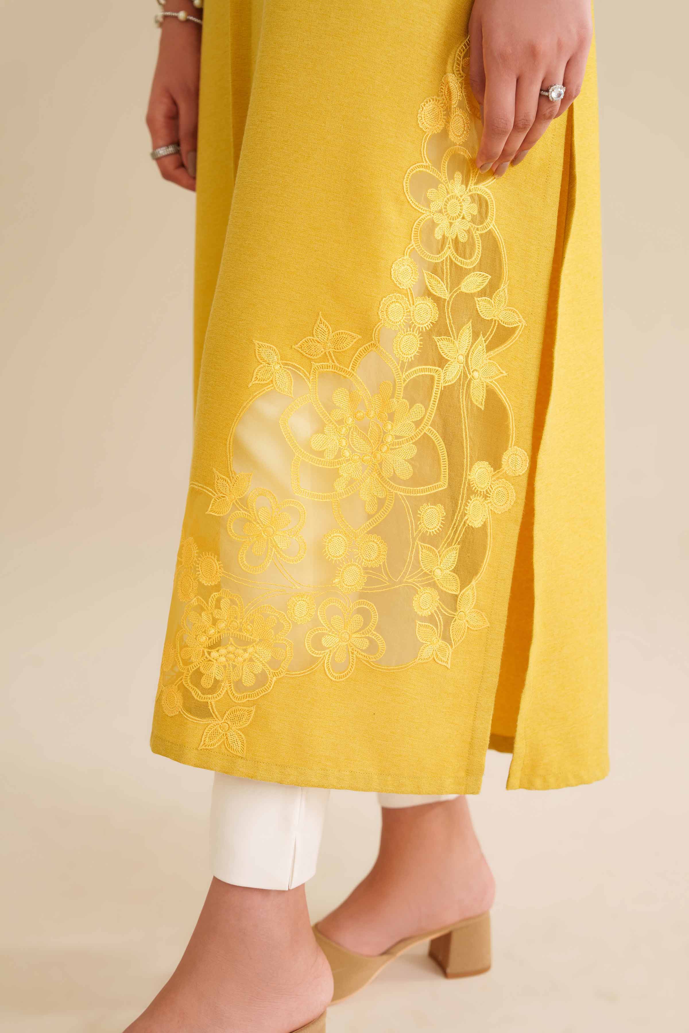 NISHATUAE - Mustard Embroidered Khaddi Ready to wear Dress