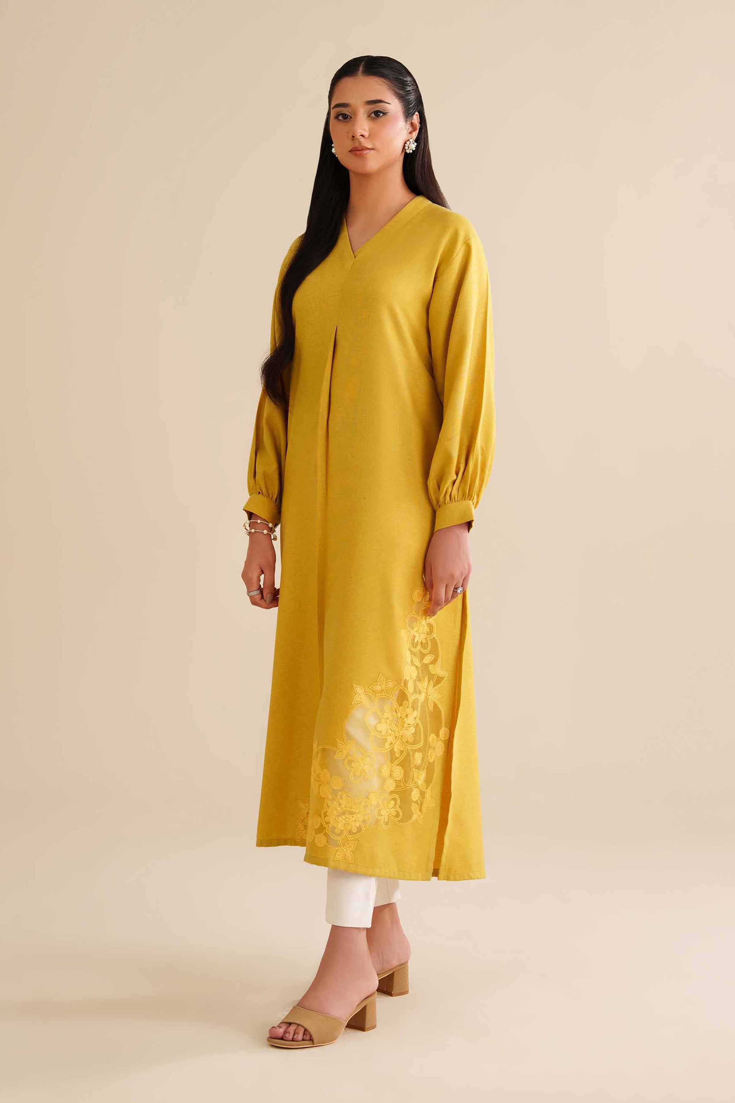 NISHATUAE - Mustard Embroidered Khaddi Ready to wear Dress