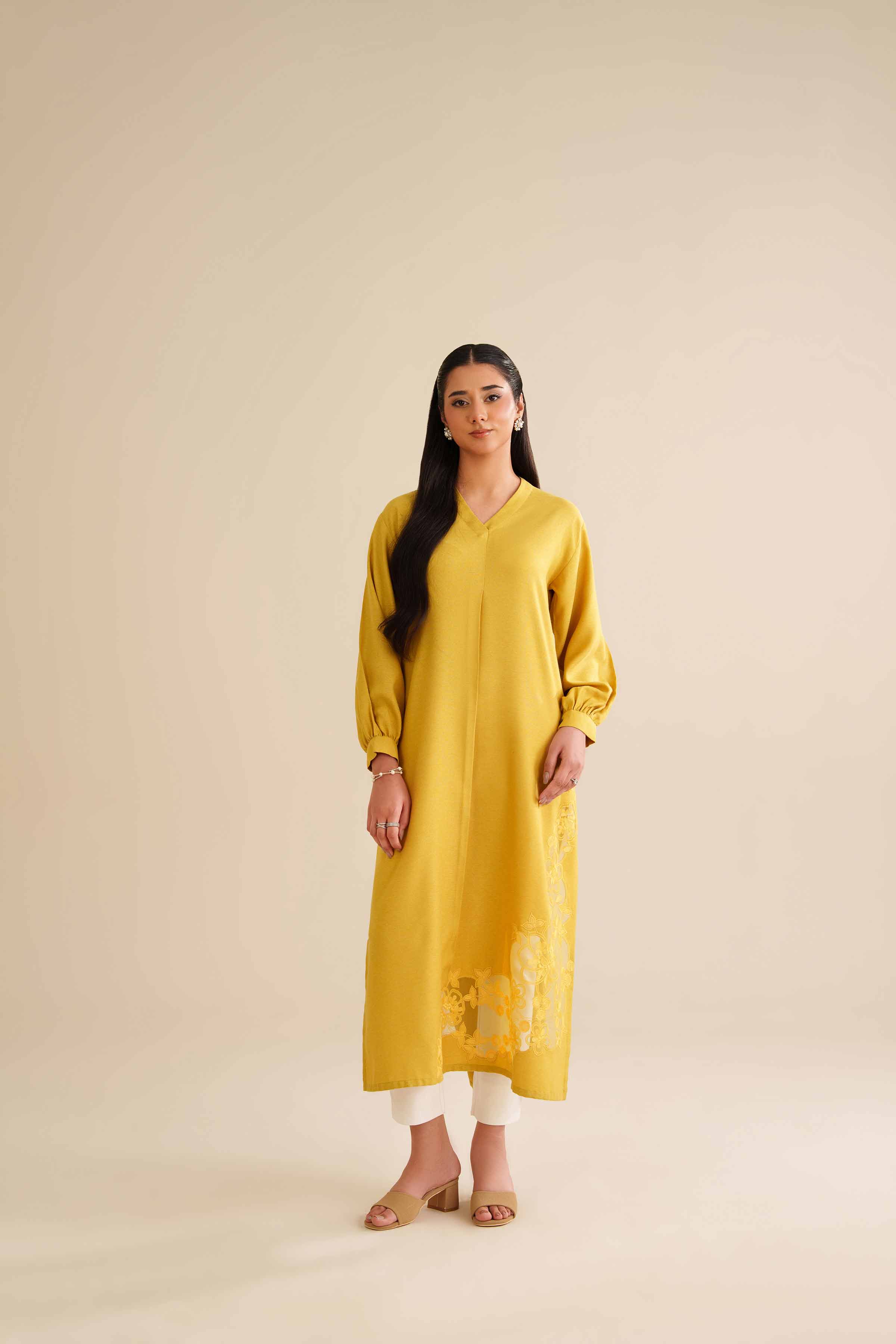 NISHATUAE - Mustard Embroidered Khaddi Ready to wear Dress