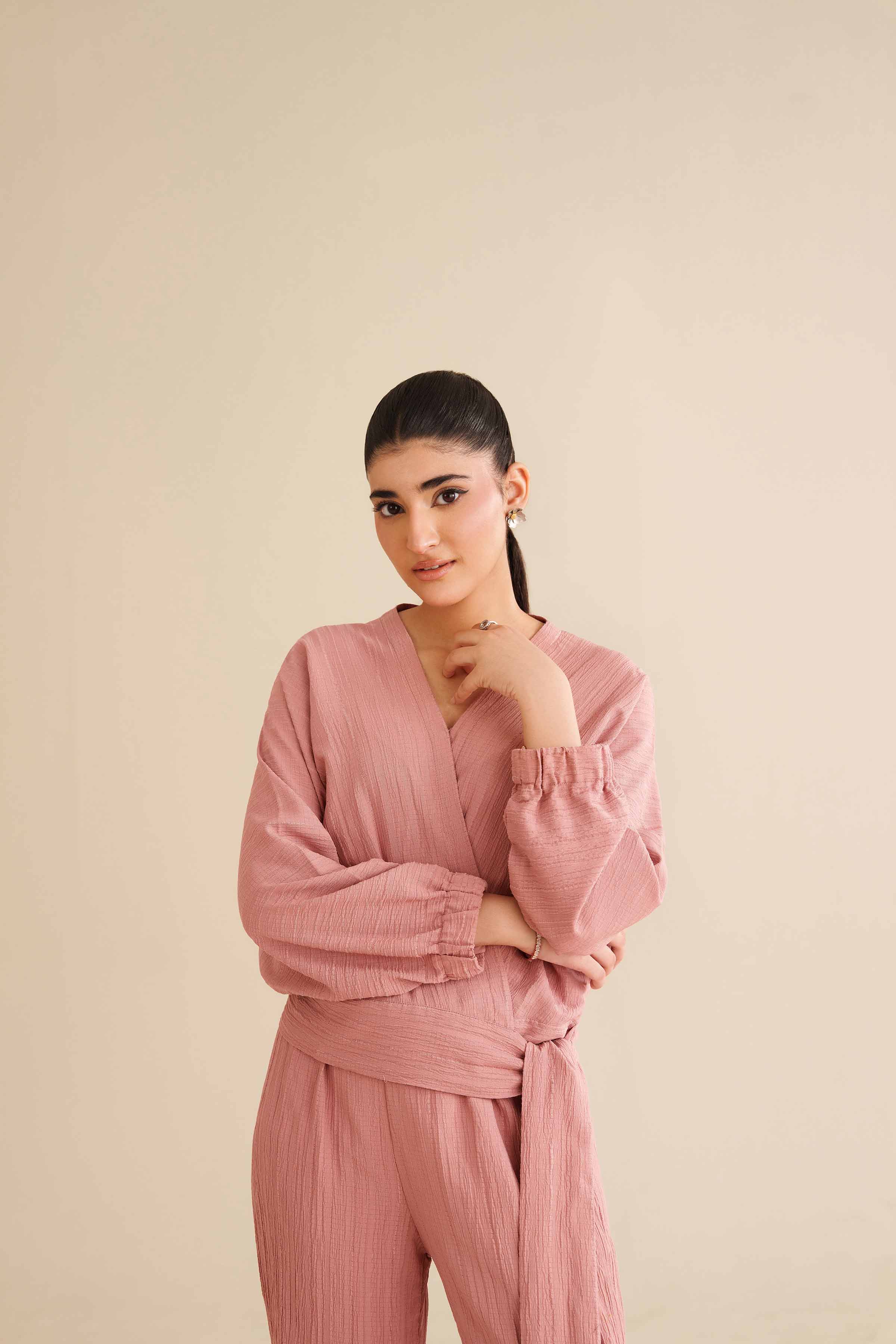 NISHATUAE - Pink Solids Stripe Crinkle 2-piece Ready to wear Dress