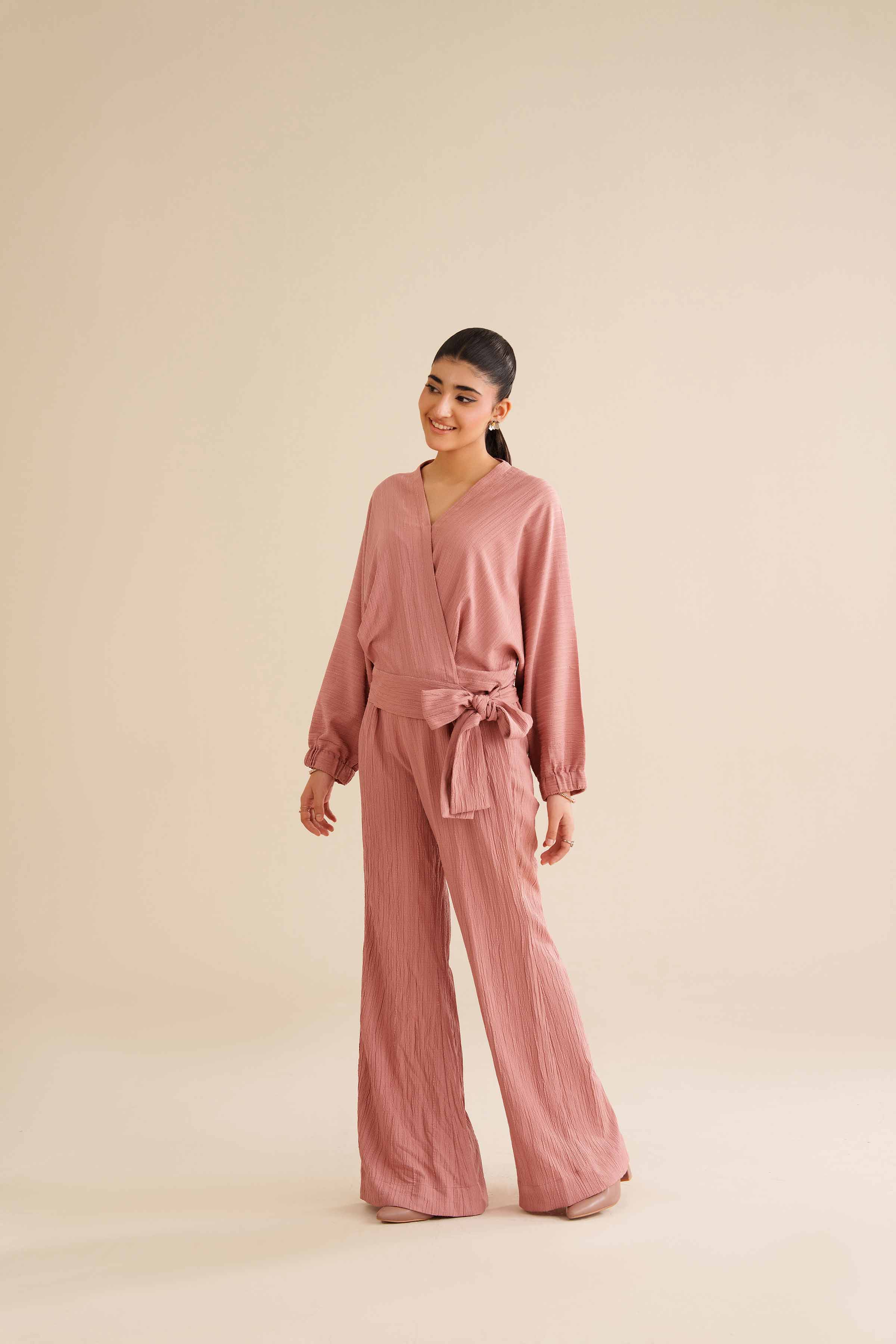 NISHATUAE - Pink Solids Stripe Crinkle 2-piece Ready to wear Dress