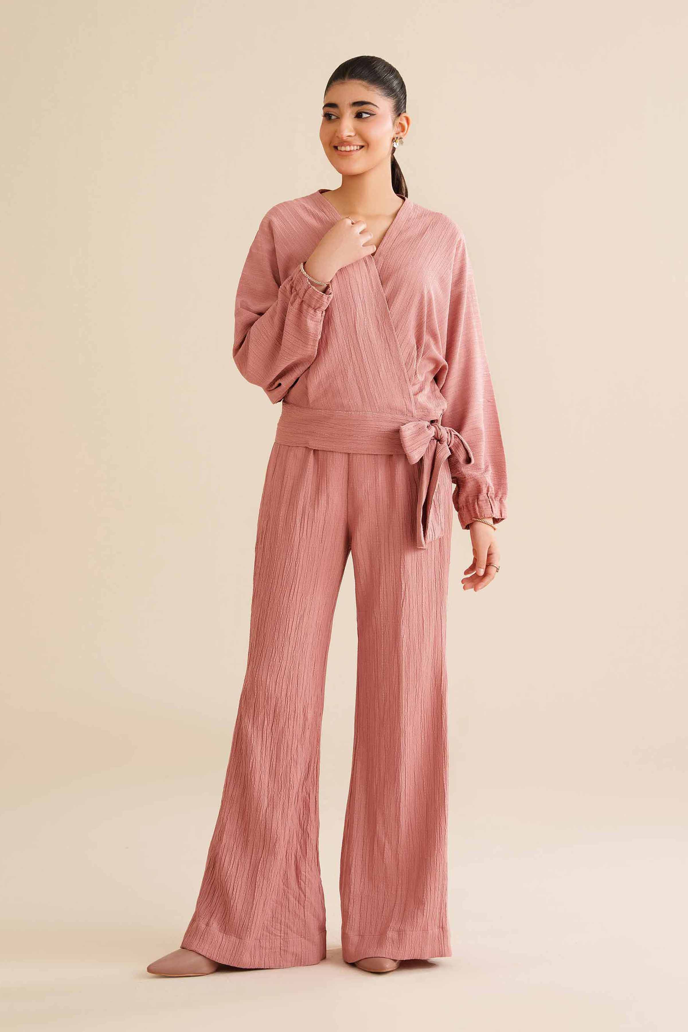 NISHATUAE - Pink Solids Stripe Crinkle 2-piece Ready to wear Dress