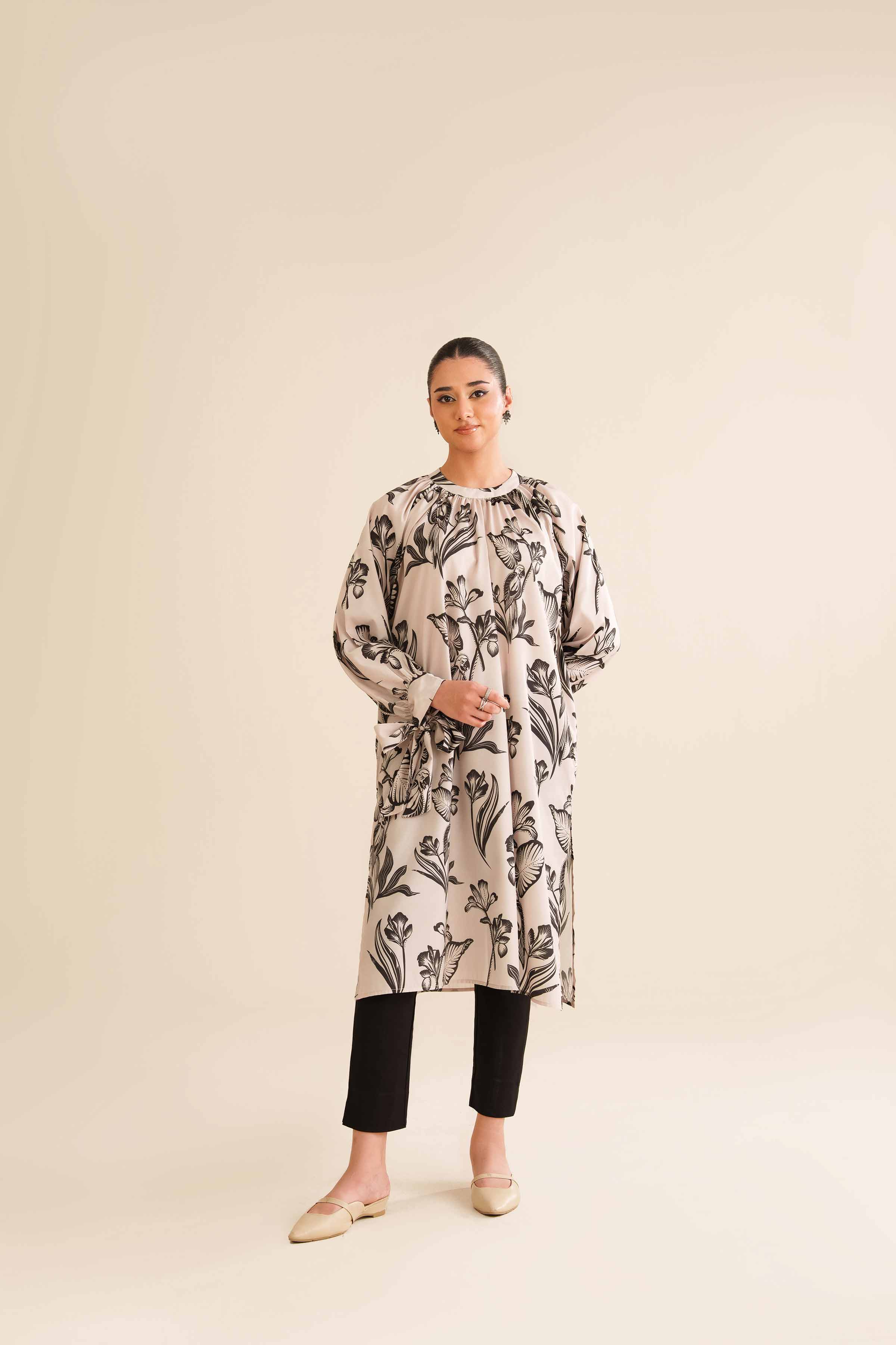 NISHATUAE - Beige Printed Silk Ready to wear Tunic