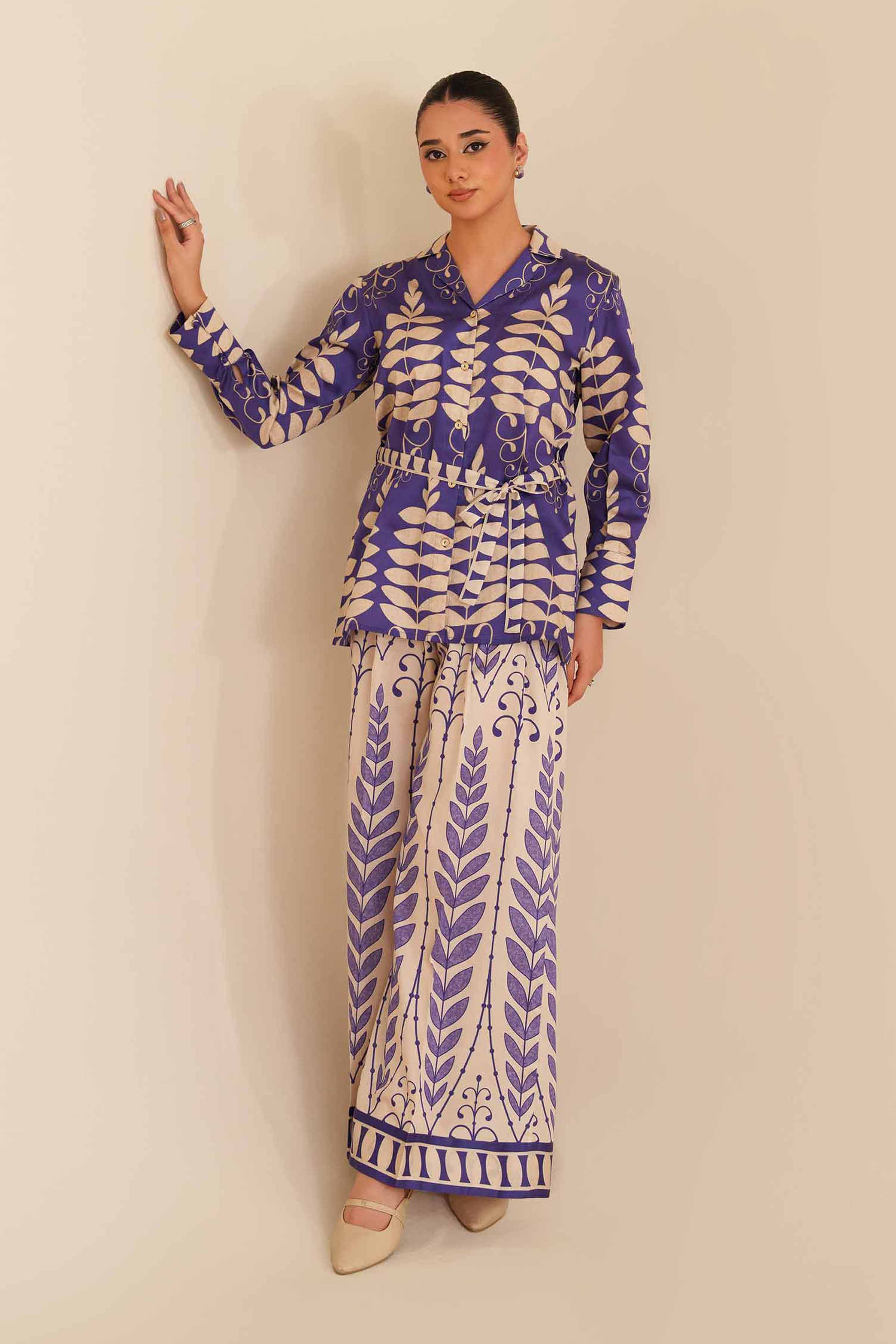 NISHATUAE - Blue Printed Satin 2-piece Ready to wear Dress