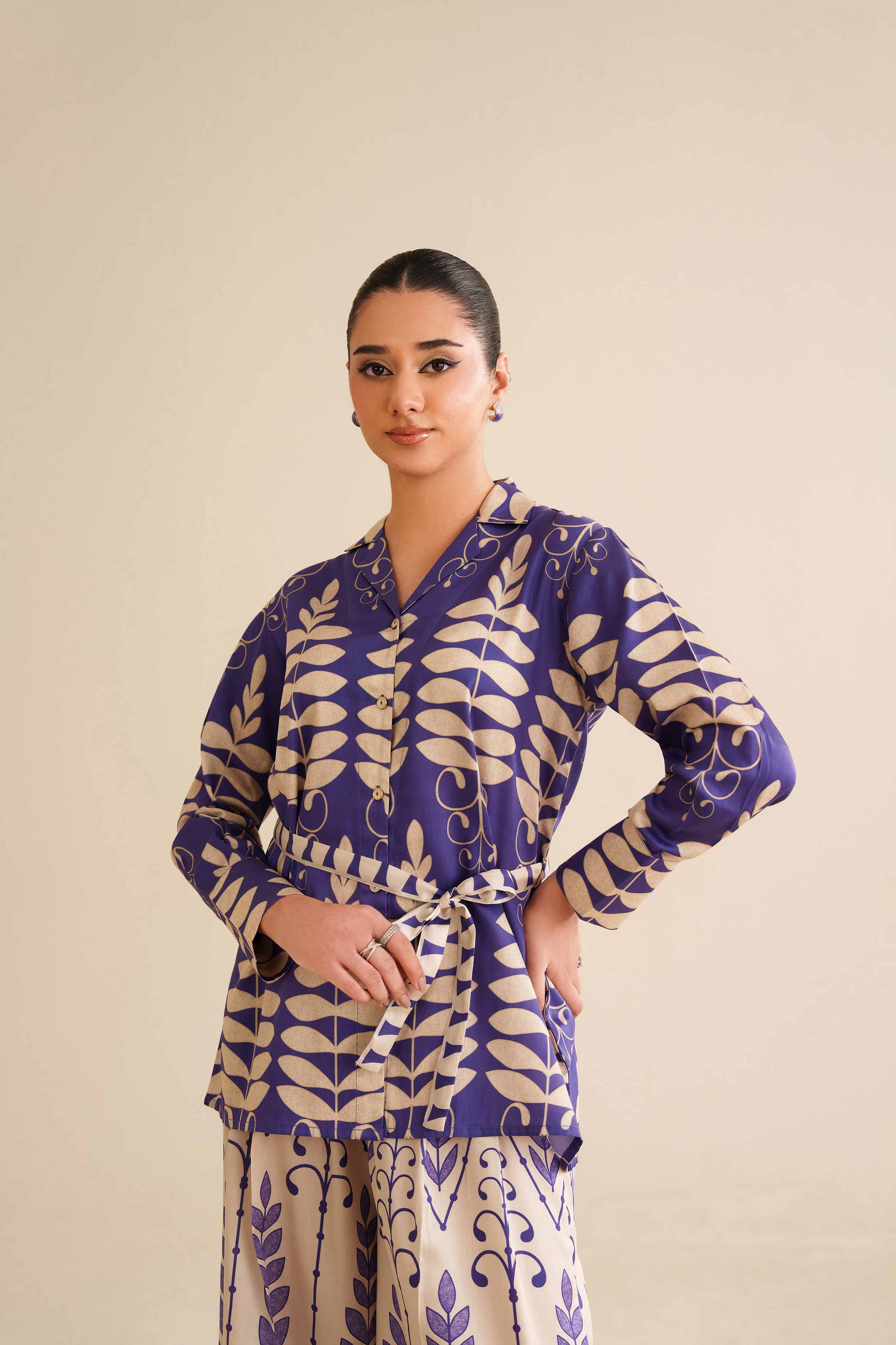 NISHATUAE - Blue Printed Satin 2-piece Ready to wear Dress