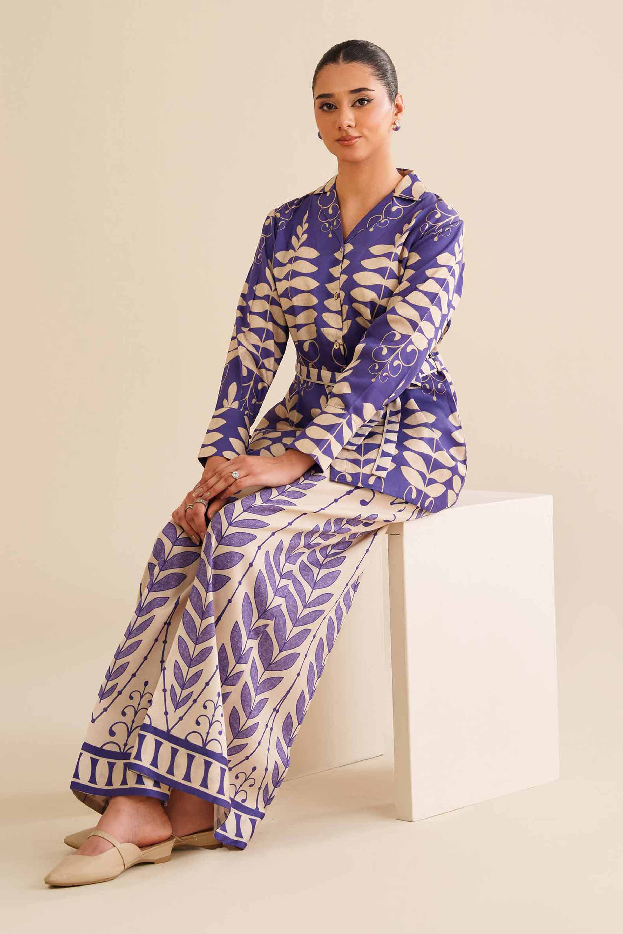 NISHATUAE - Blue Printed Satin 2-piece Ready to wear Dress