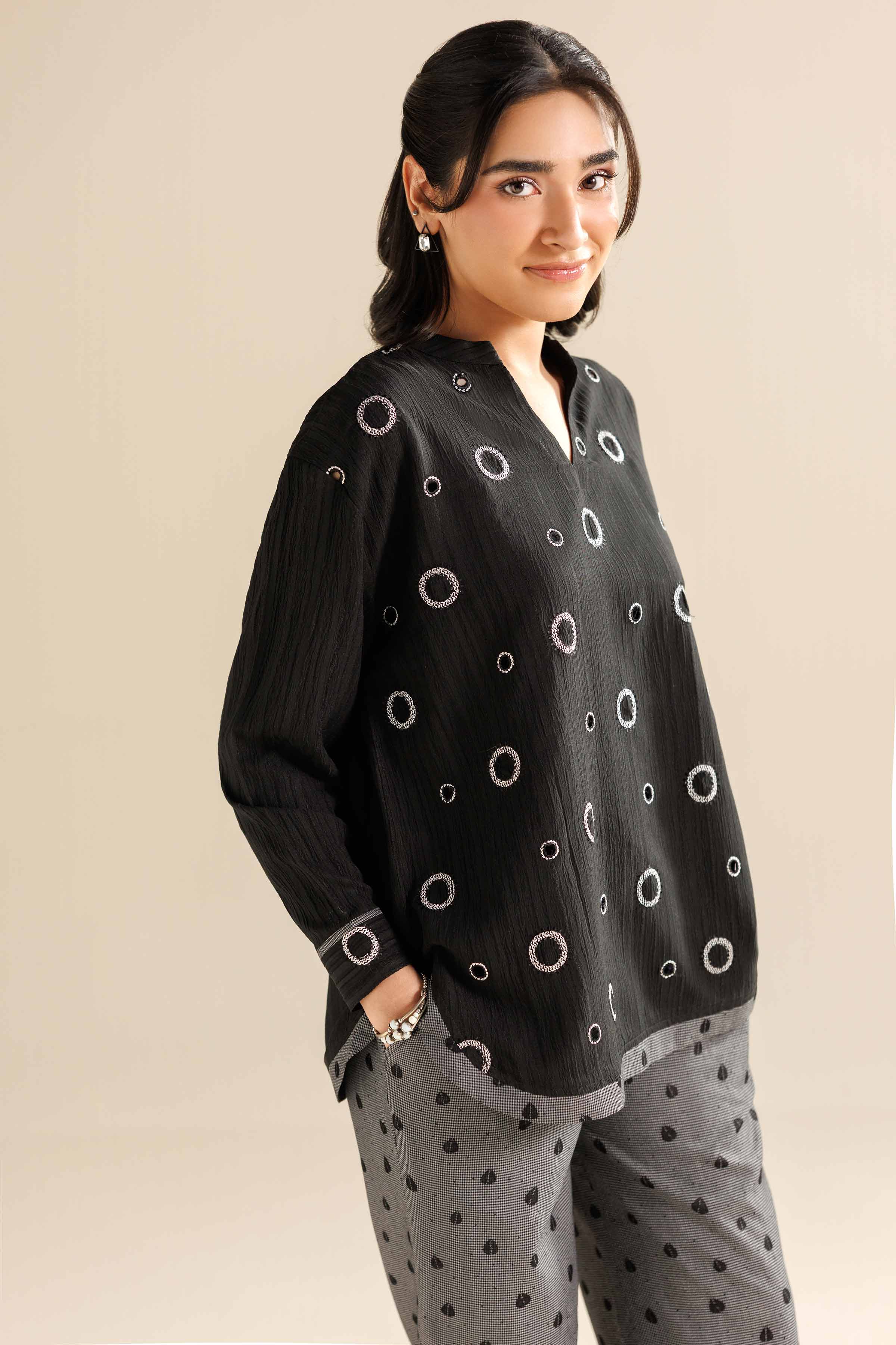 NISHATUAE - Black Printed Stripe Crinkle 2-piece Ready to wear Dress