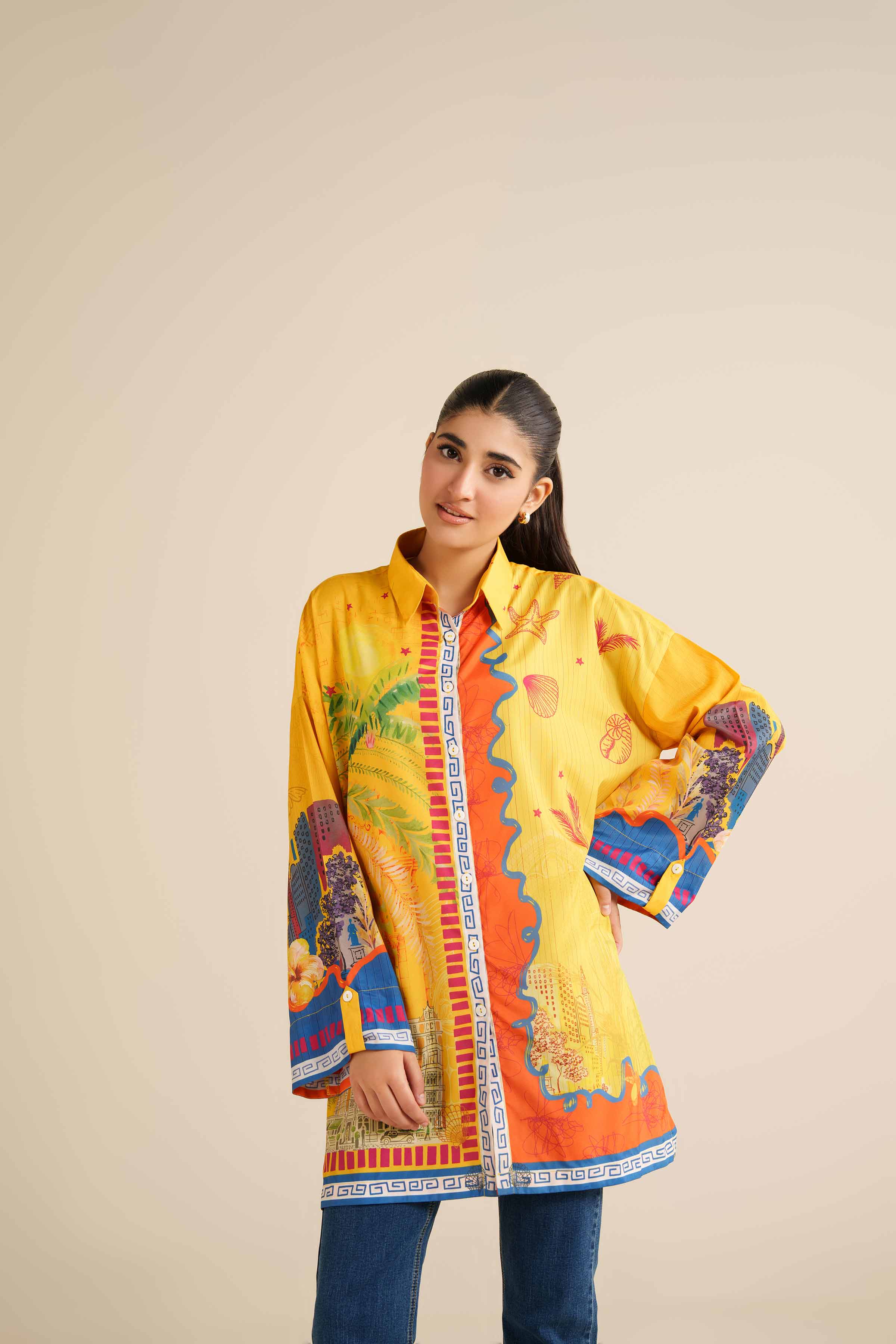 NISHATUAE - Yellow Printed Silk Ready to wear Tunic