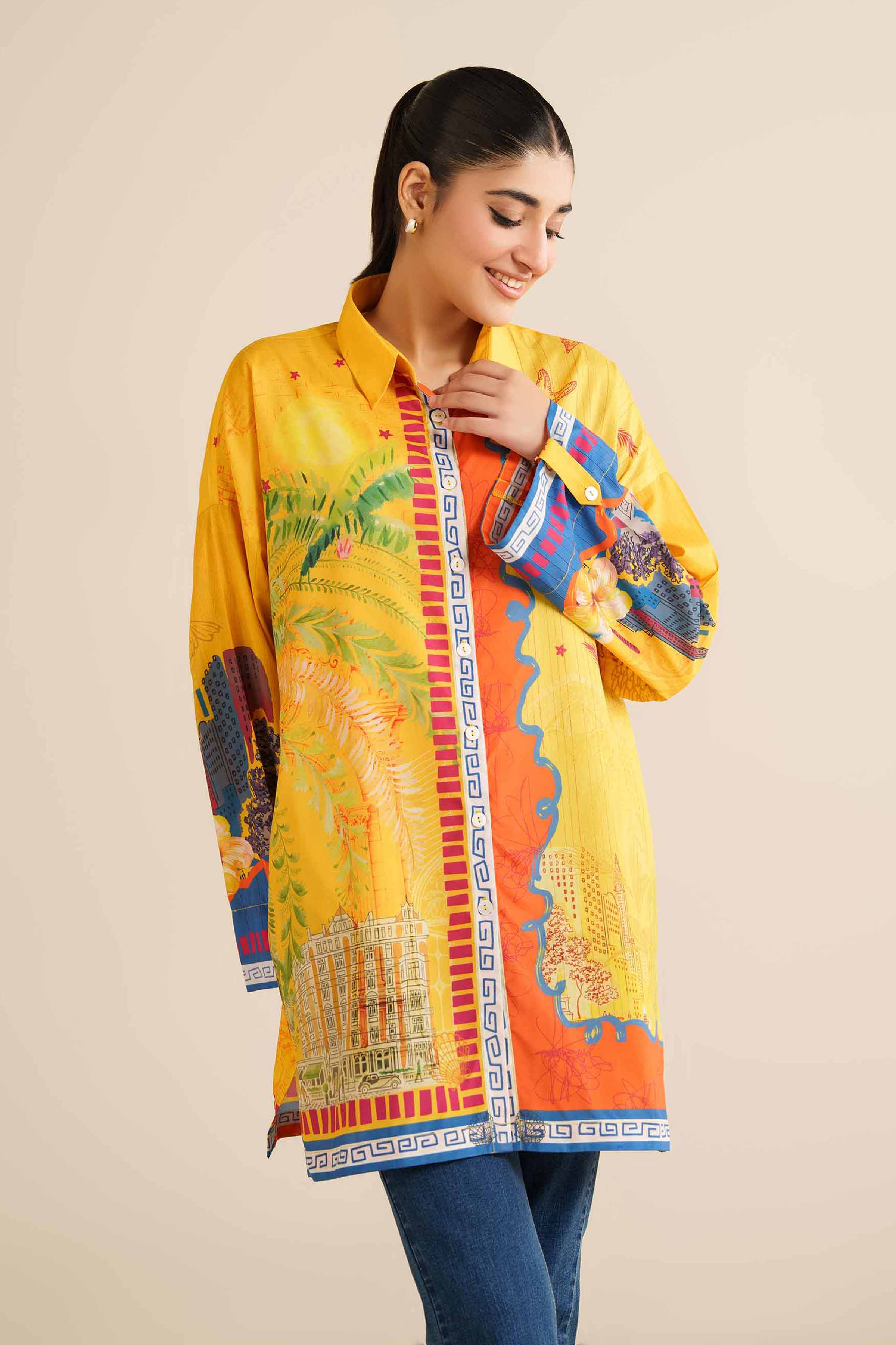 NISHATUAE - Yellow Printed Silk Ready to wear Tunic