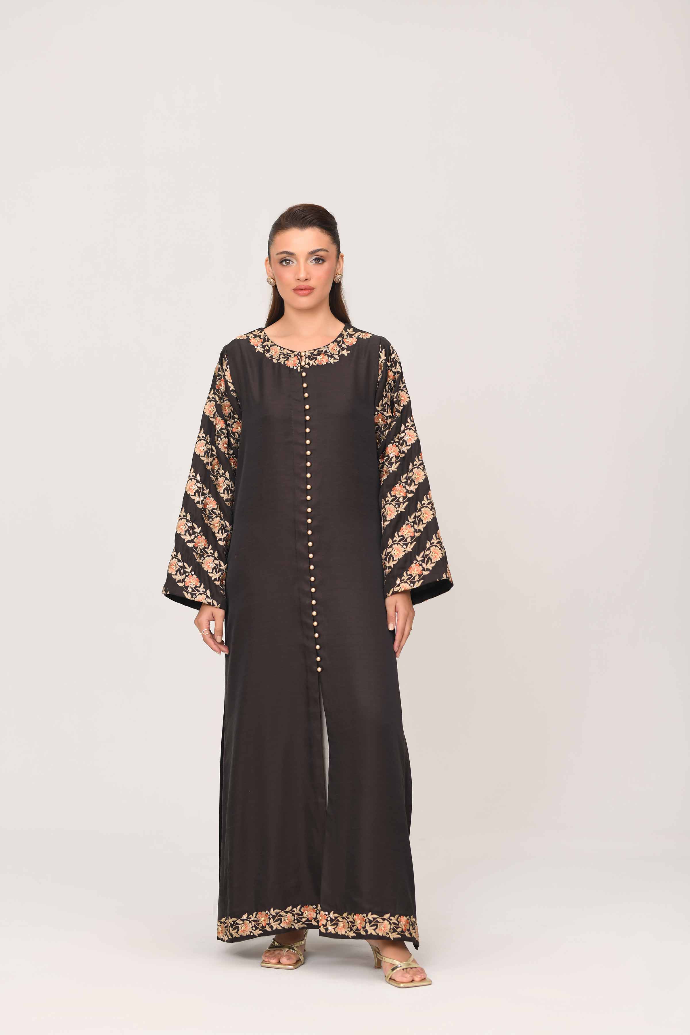 NISHATUAE - Brown Embroidered Polyester Ready to wear Jalabiya