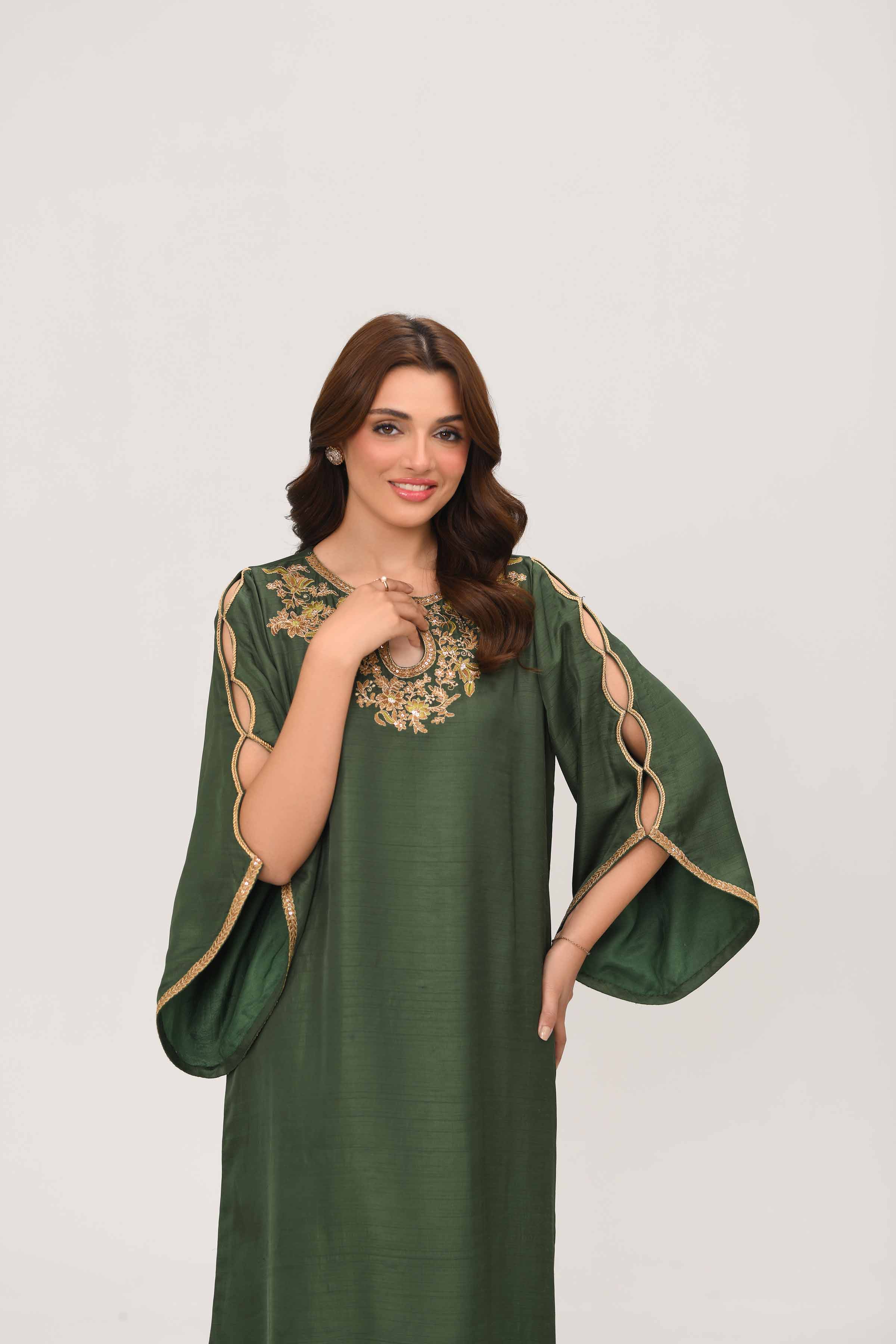 NISHATUAE - Green Embroidered Silk Ready to wear Shirt