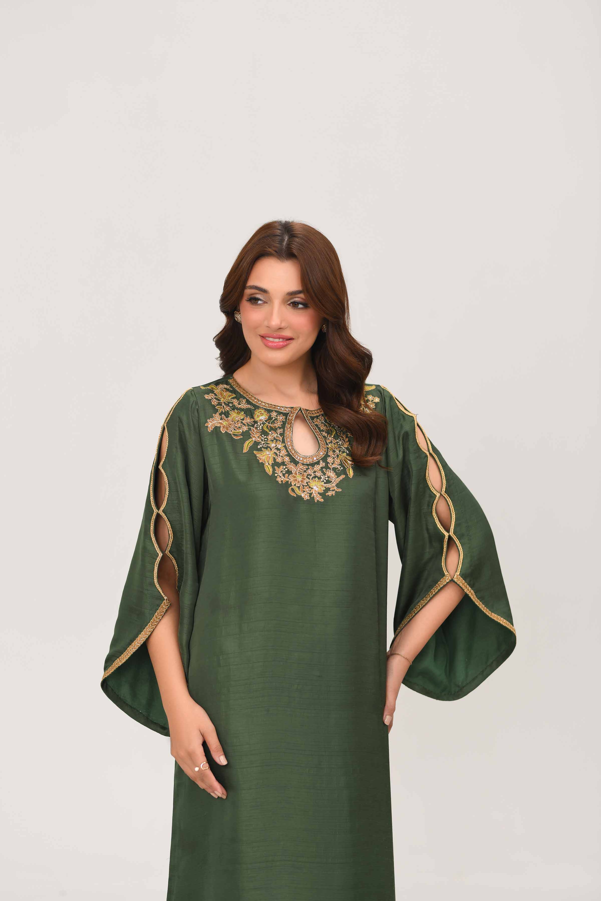 NISHATUAE - Green Embroidered Silk Ready to wear Shirt