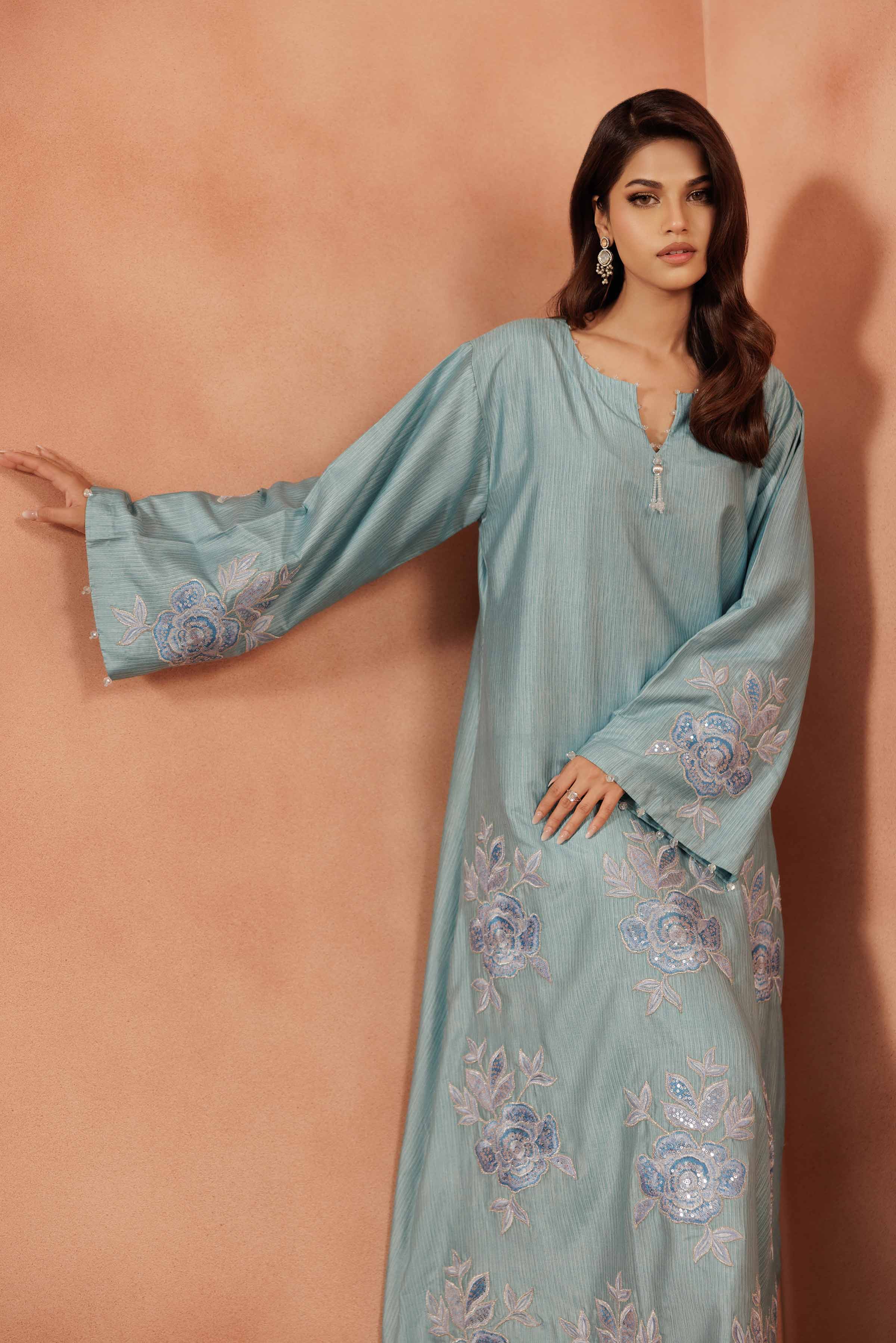 NISHATUAE - Blue Embroidered Silk Ready to wear Jalabiya