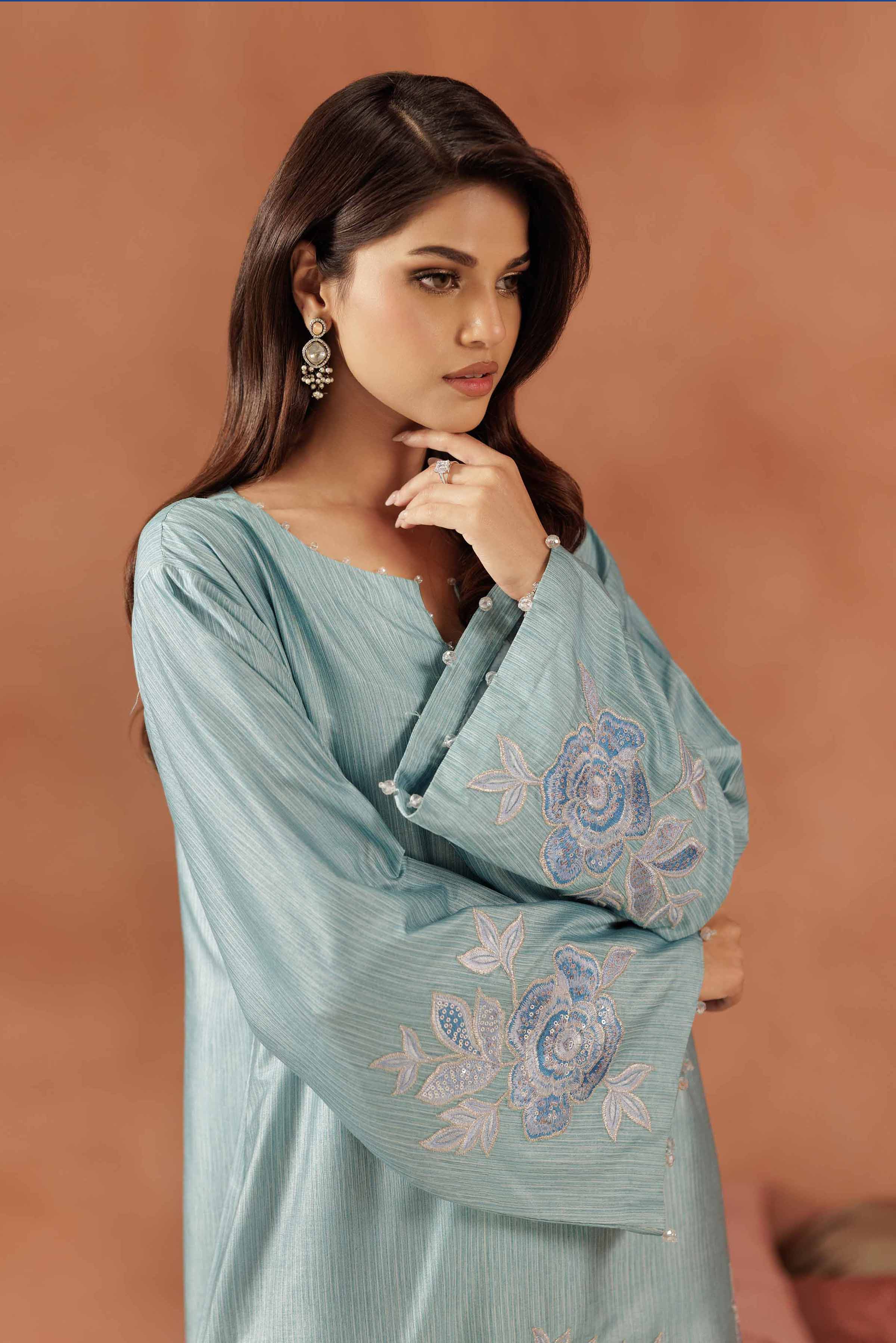 NISHATUAE - Blue Embroidered Silk Ready to wear Jalabiya