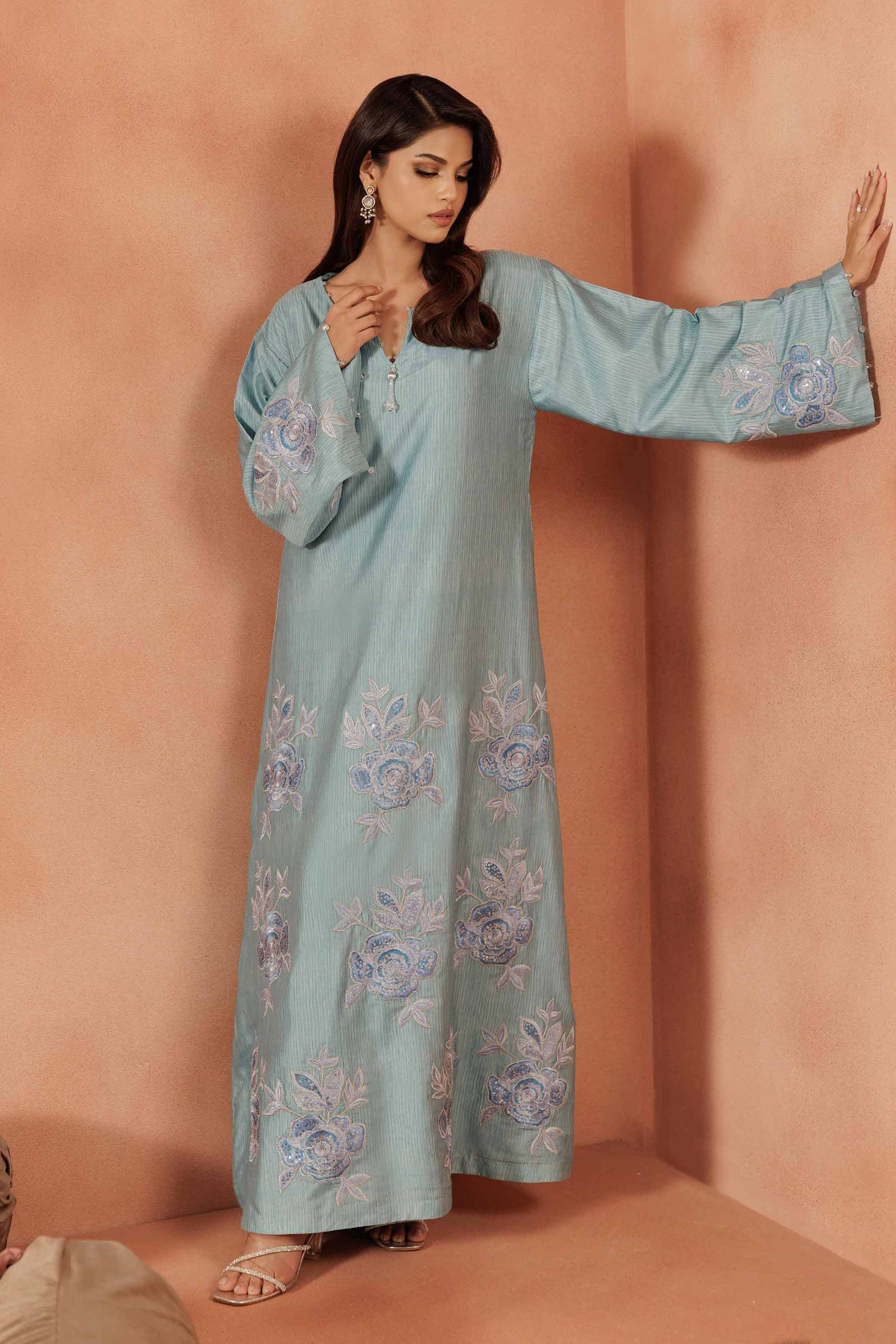 NISHATUAE - Blue Embroidered Silk Ready to wear Jalabiya