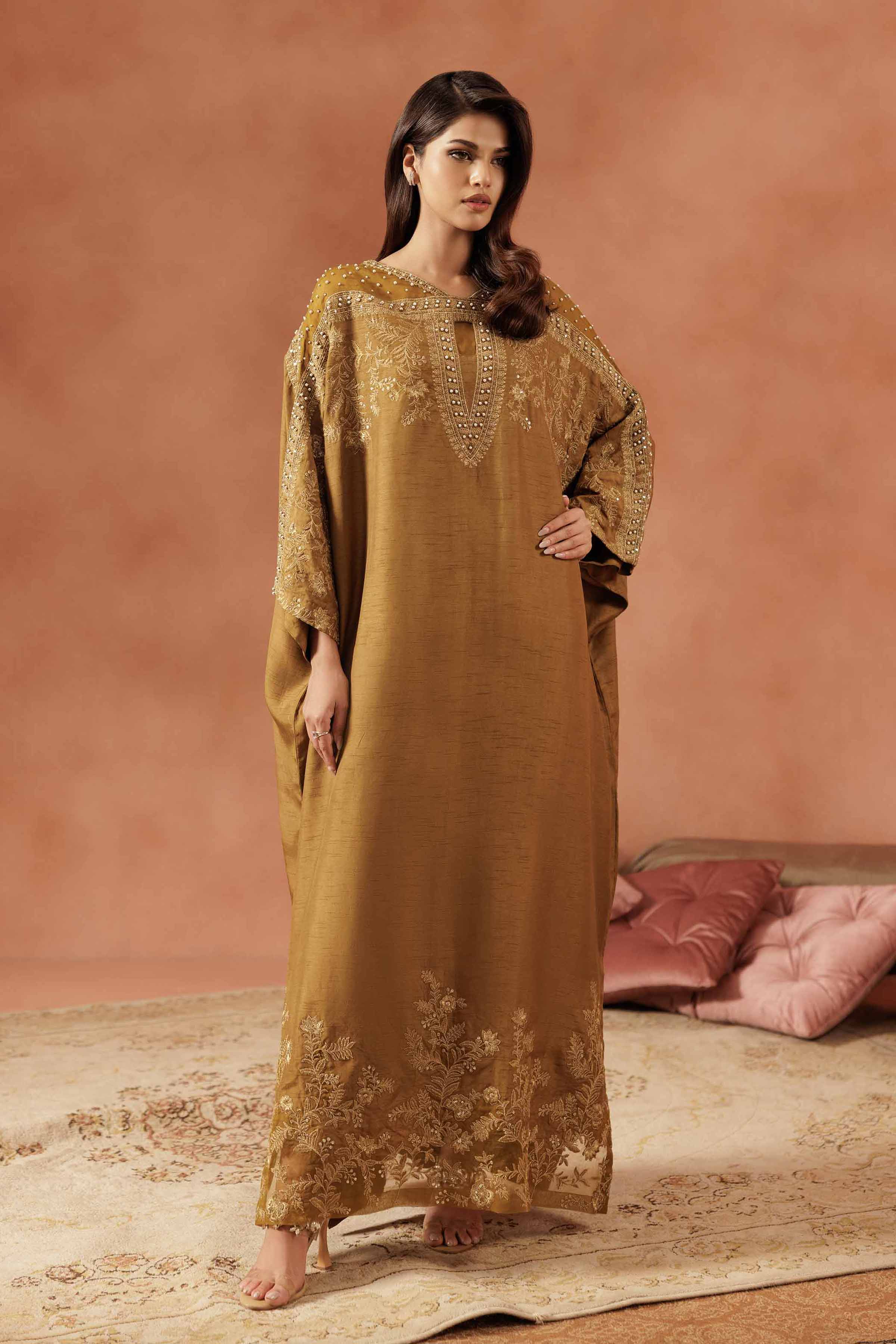 NISHATUAE - Yellow Embroidered Silk Ready to wear Jalabiya