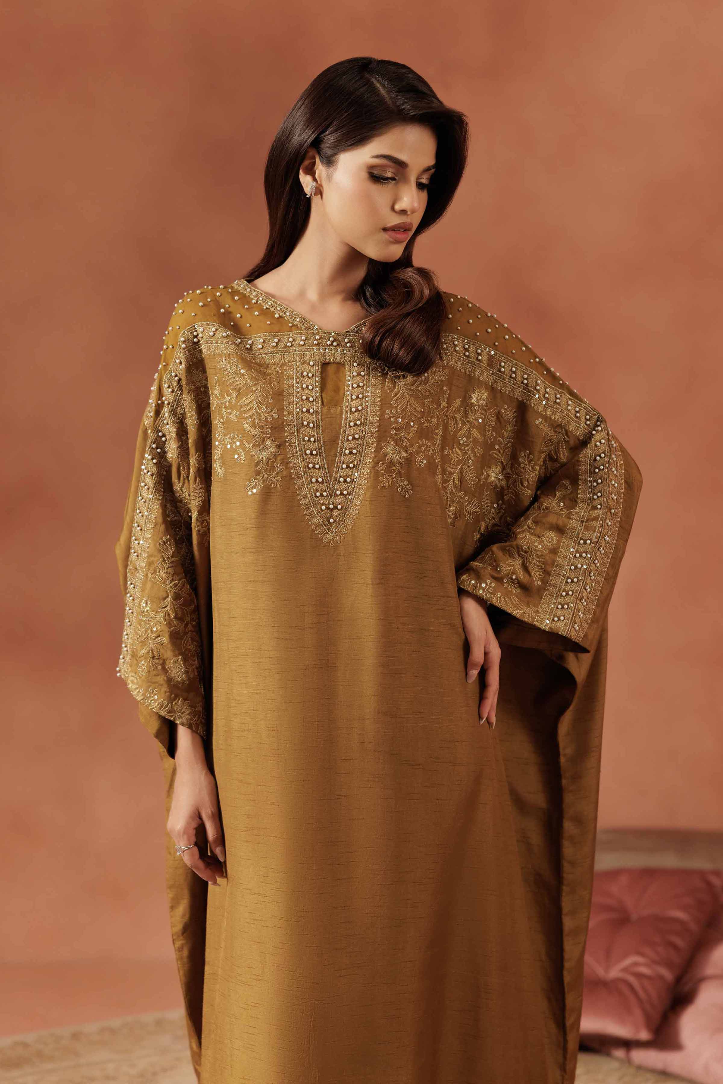 NISHATUAE - Yellow Embroidered Silk Ready to wear Jalabiya